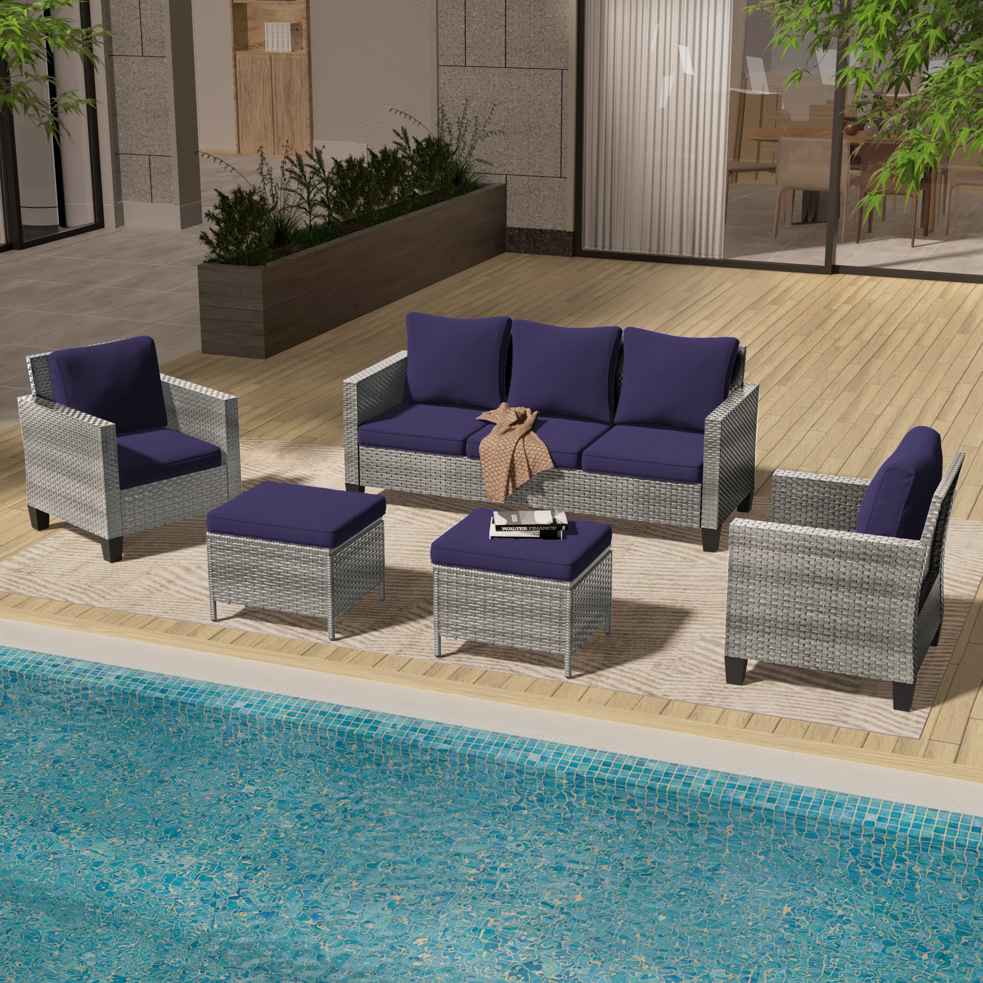 Sonkuki SD-GY615NY-C3 5 -Piece Wicker Patio Sofa Conversation Set with Blue Cushions