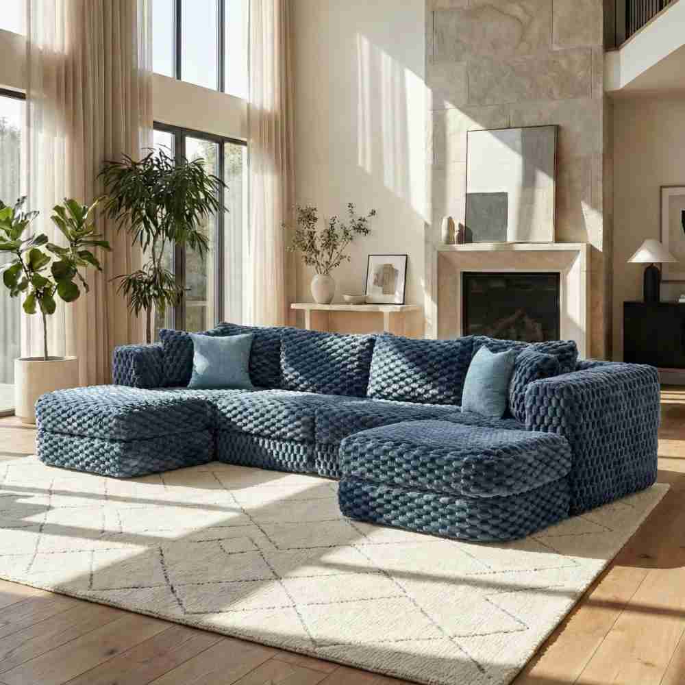 Coolbibila - 135-in Modular Sectional Sofa with 2 Ottomans Blue Bubble Velvet Fabric Boneless Couch