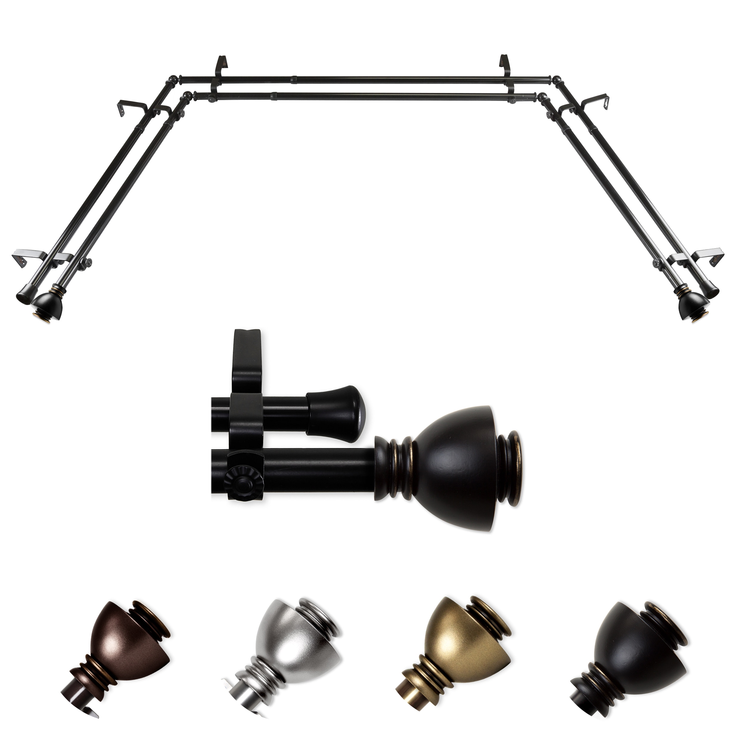 Hart & Harlow L-ABAY-86-2D Willard 13/16-in Double Bay Black Steel Bay window curtain rod with Finials