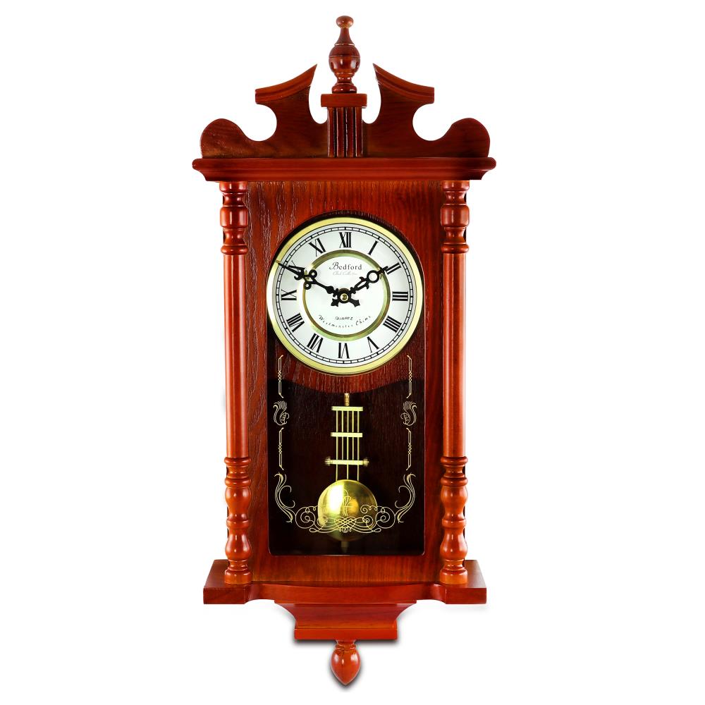 Vintage Grandfather Wood - Looking Plastic Antique Pendulum Wall Clock,  Silent Wall Mount Battery-Operated, Large Brown