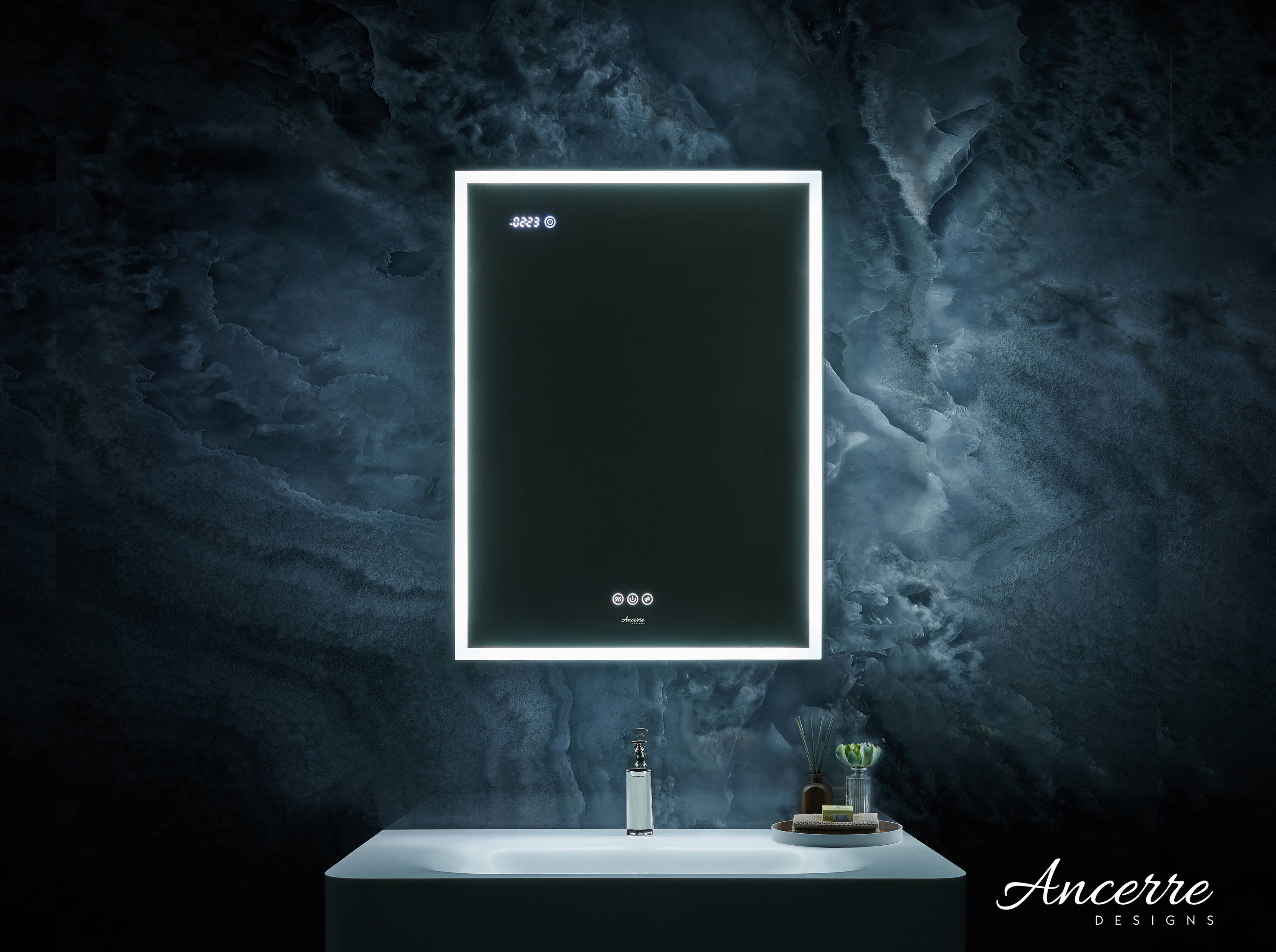 Ancerre Designs LEDM-PAGANI-24-L Pagani 24-Inches x 32-Inches Lighted LED Fog Free Surface/Recessed Mount Black Mirrored Rectangle Soft Close Medicine Cabinet with Outlet