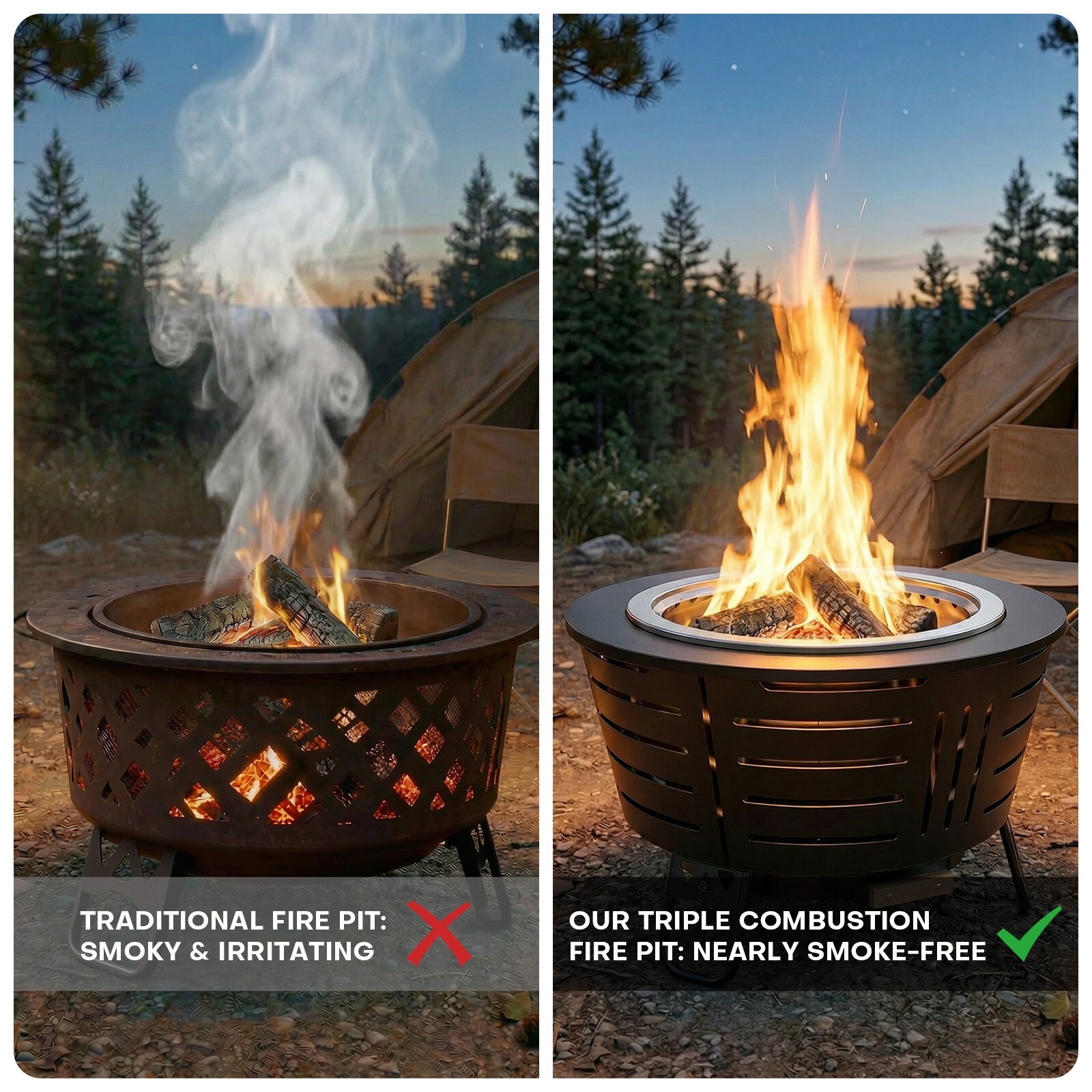 BRANO 26 inch Smokeless Fire Pit 3X Airflow Triple Stainless Steel