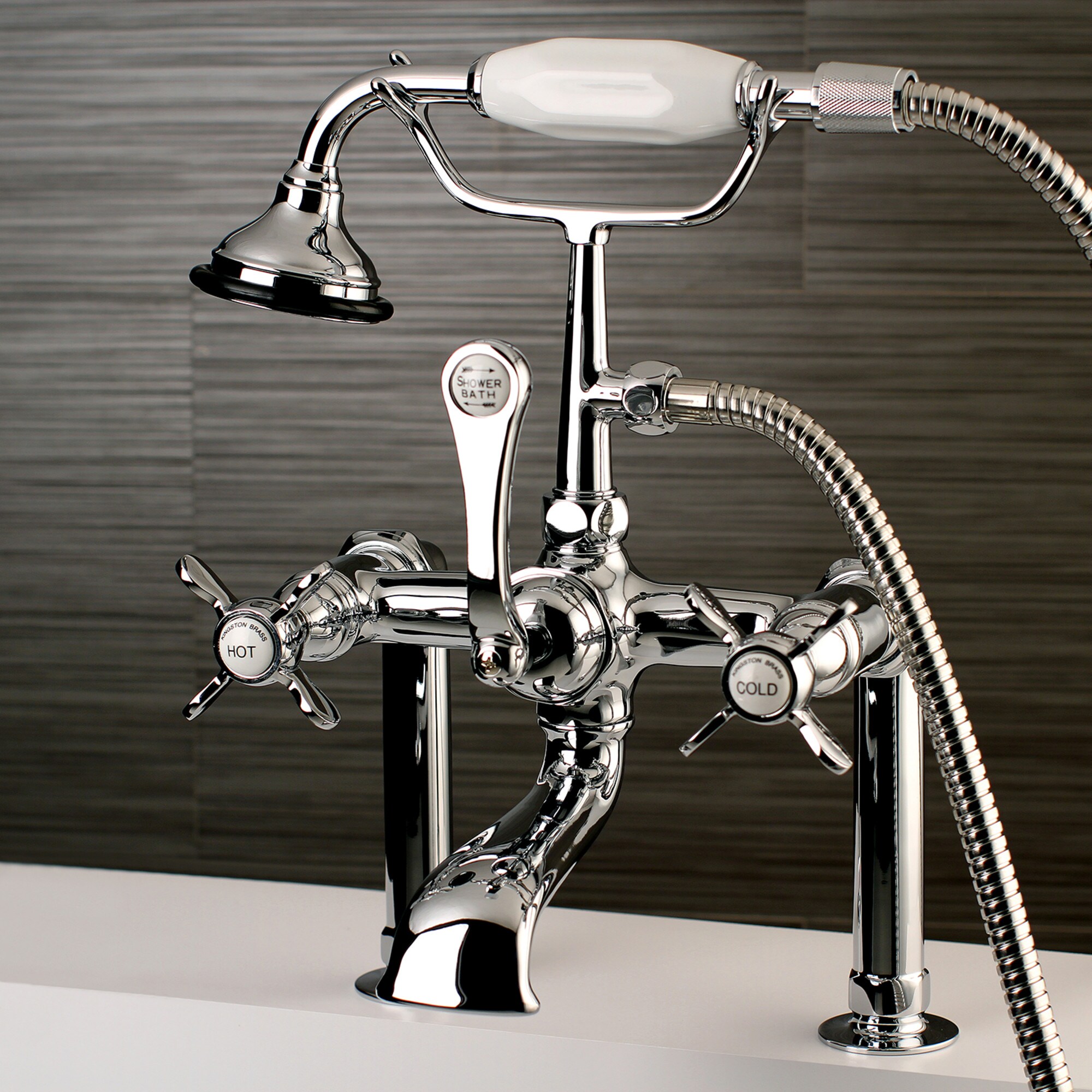 Kingston Brass WLAE104T1BEX Essex Polished chrome 3-handle Deck-mount Roman Low-arc Bathtub Faucet with Hand Shower ( Valve Included )