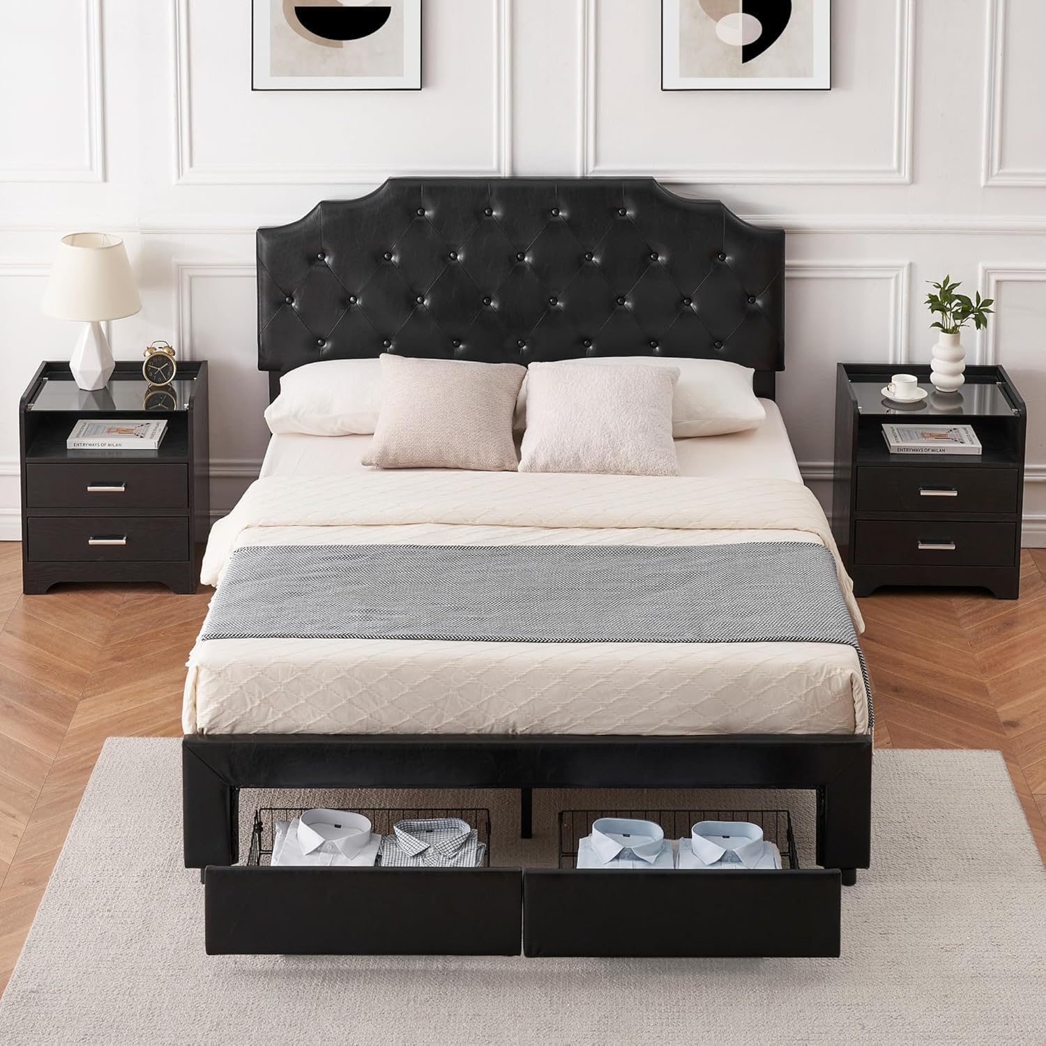 Qeetex LHF-BED-PHO-108DYOAV Bed Frame Queen Size with Storage 2 Drawers Upholstered Platform Bed Frame with Leather Headboard Wooden Slats Support No Box Spring Needed Noise Free Easy Assembly Black