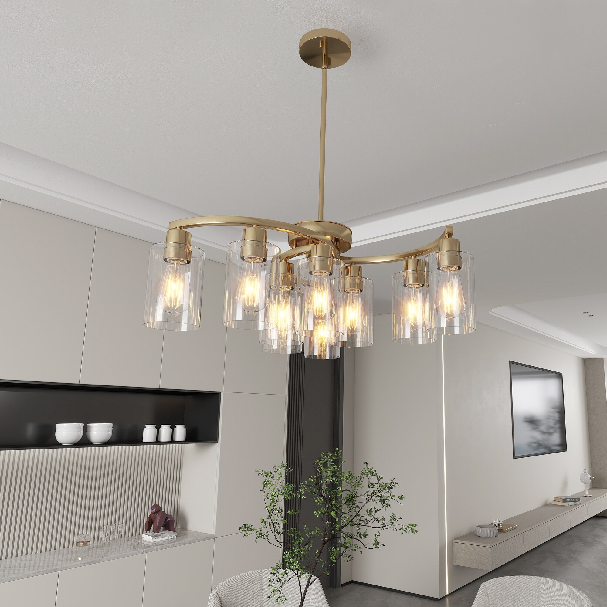 WELLFOR GYH48-1085-5WN Adjustable Height Glass Chandelier 9 -Light Gold Modern/contemporary For Use in Bedrooms, Dining Rooms, Foyers, Kitchens, Living Rooms Chandelier