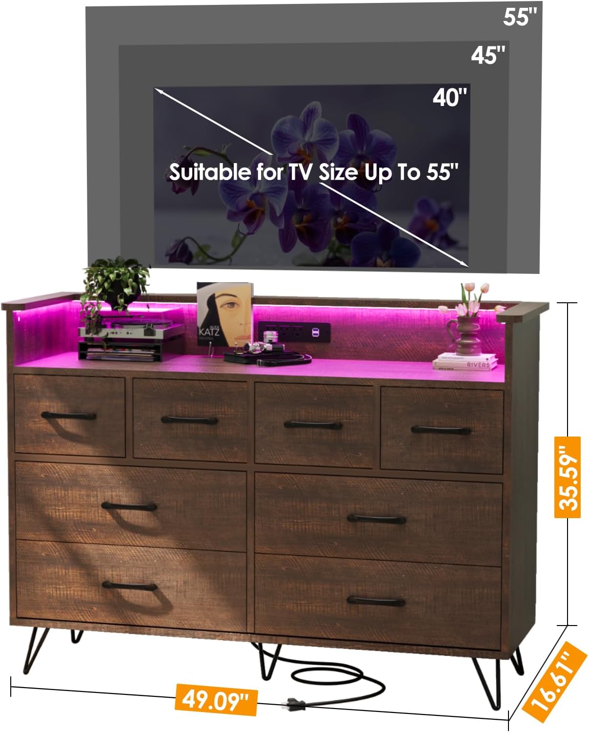 WhizMax LDYLSPHO-339W8W8V Tall 8 Drawer Wooden Dresser With Charging Station And Music Sync Rgb Led Lights Modern Closet Organizer App Controlled Voice Command Scratch Resistant Finish Stylish Metal Handles Antique Dark