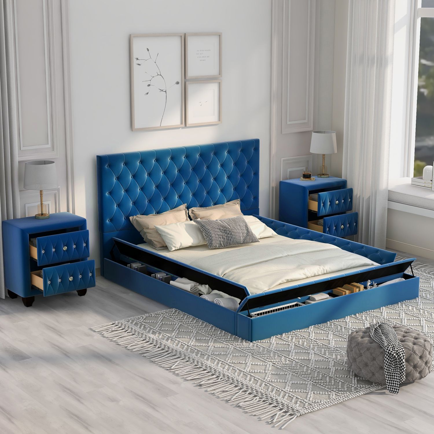 JASMODER GX001503AAC Blue Full Composite Platform Bed with Storage