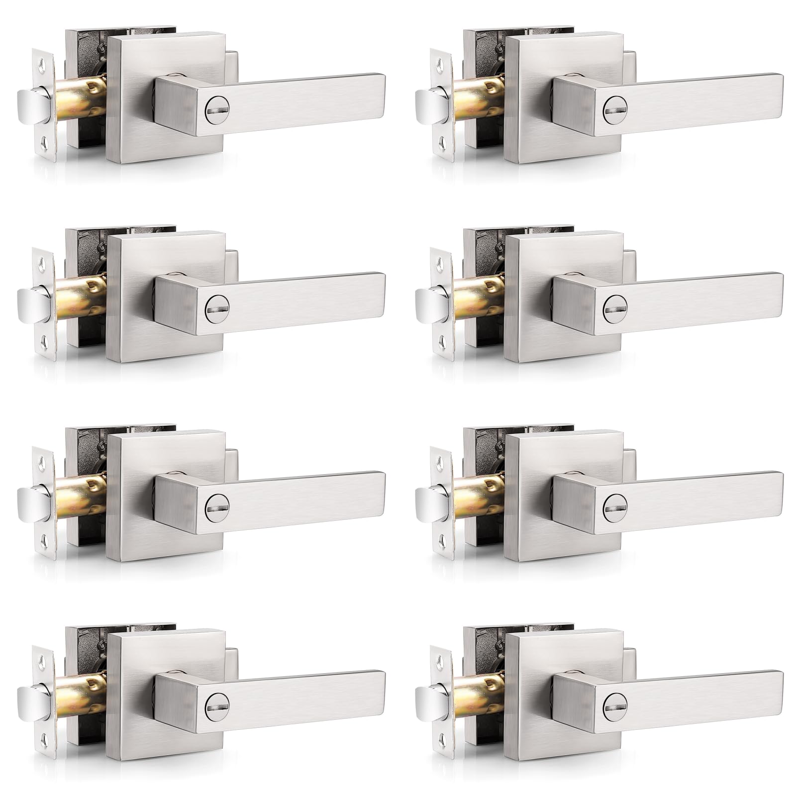 LILILIAN FMY Brushed Nickel Door Handle Heavy Duty Flat Square Privacy Door Handles Keyless Lockset for Bedroom Bathroom 8 Pack Modern #LRO0810O630