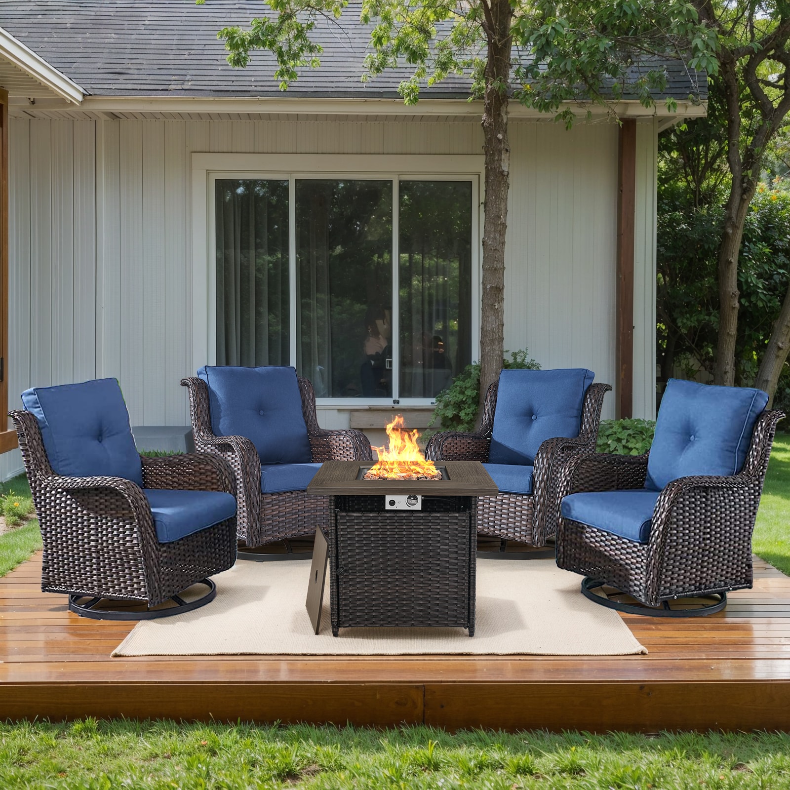 Jeehope PAGXR023023098-1 PAnorama Series 5 -Piece Wicker Patio Conversation Set with Navy Cushions