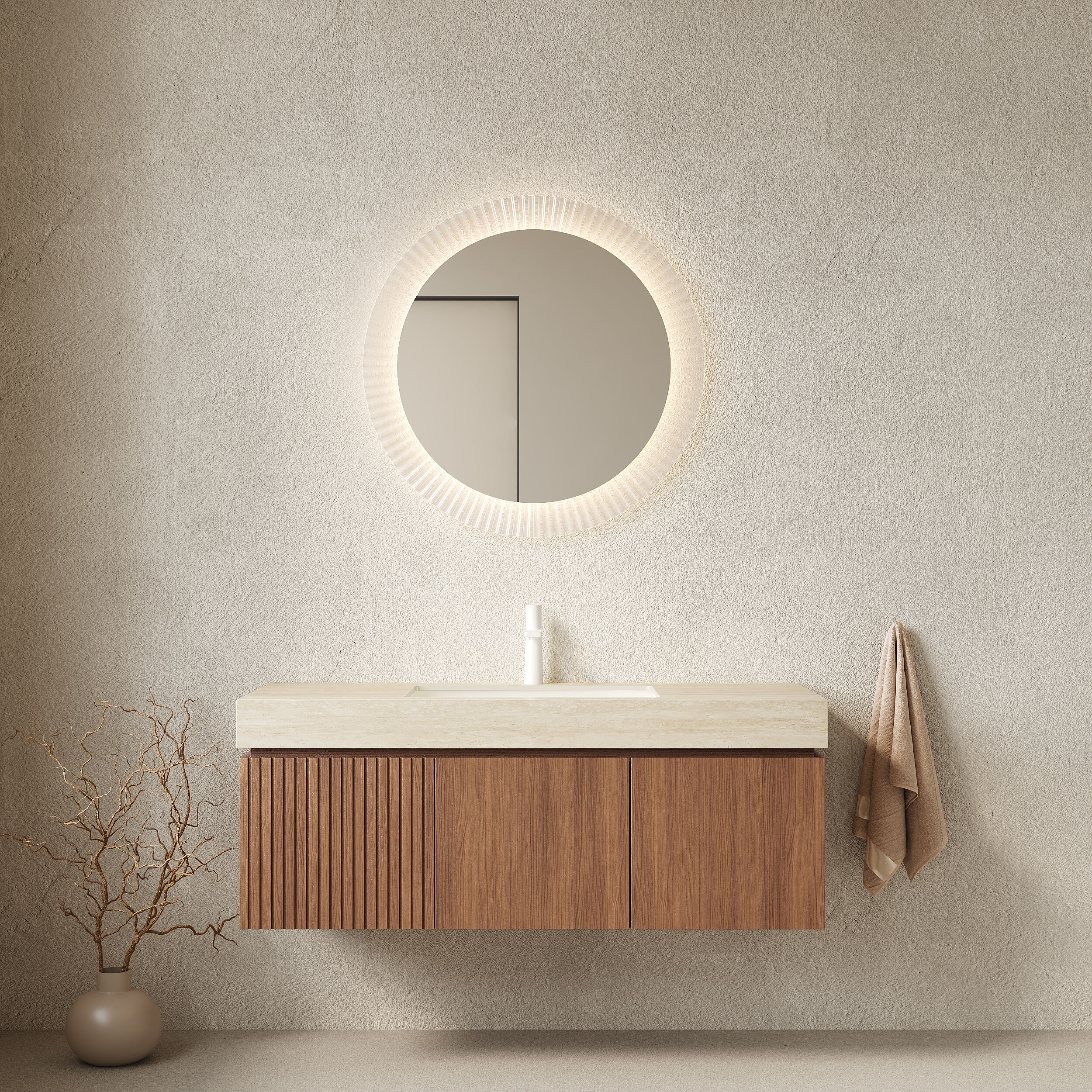 Wooakway 48 In Brown Oak Floating Bathroom Vanity with Ceramic Basin and Roma Travertine Sintered Stone Top Pre-Assembled