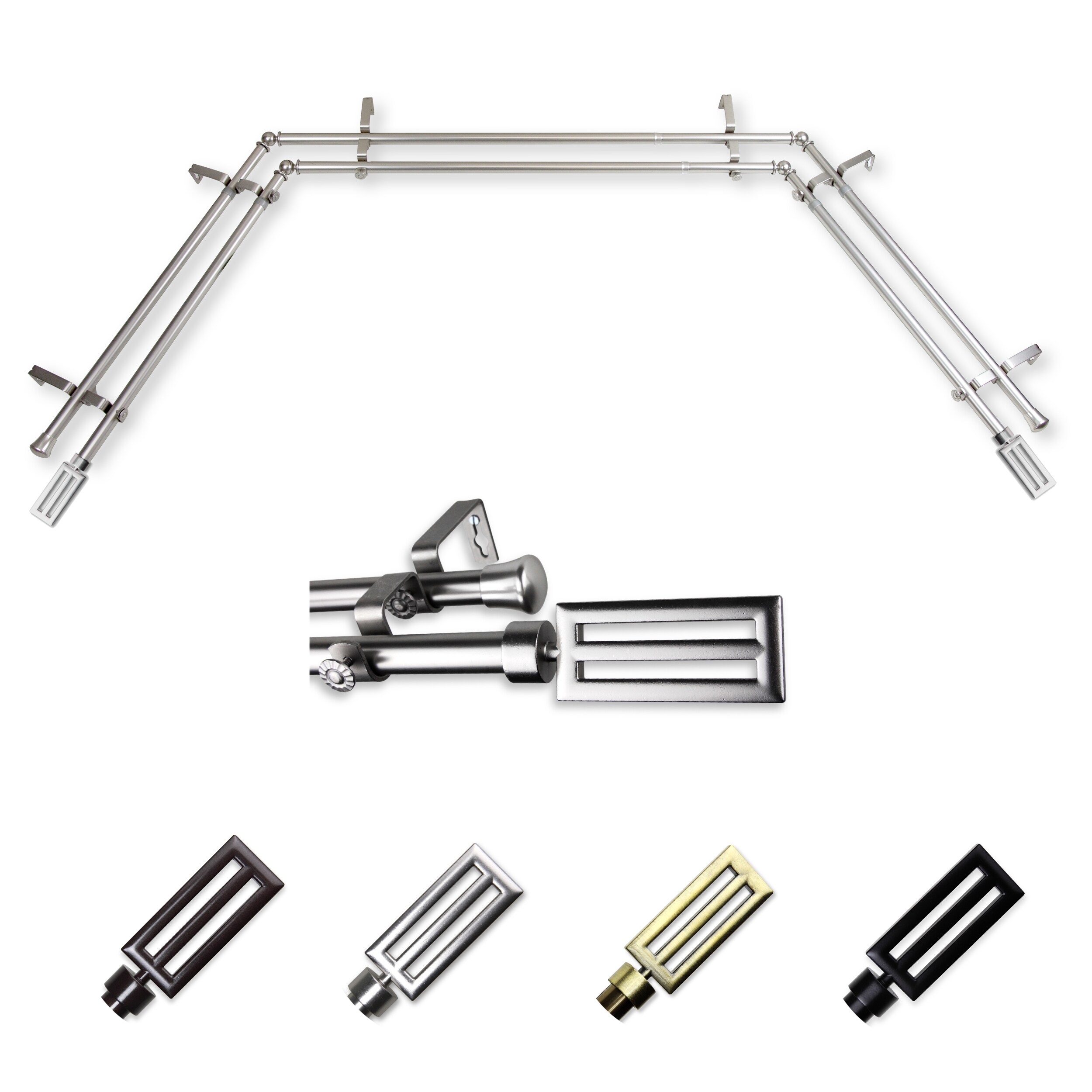 Hart & Harlow L-ABAY-73-5D Franco 13/16-in Double Bay Satin nickel Steel Bay window curtain rod with Finials