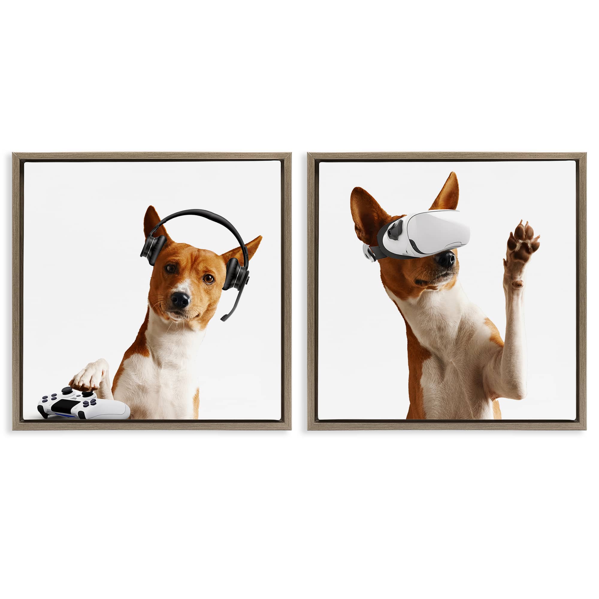 Stupell Industries B2-747-FFE-2PC-17X17 Video Game Dogs with VR 2 Piece Brown Framed Floater Canvas Set By CAD Design 18 x 18