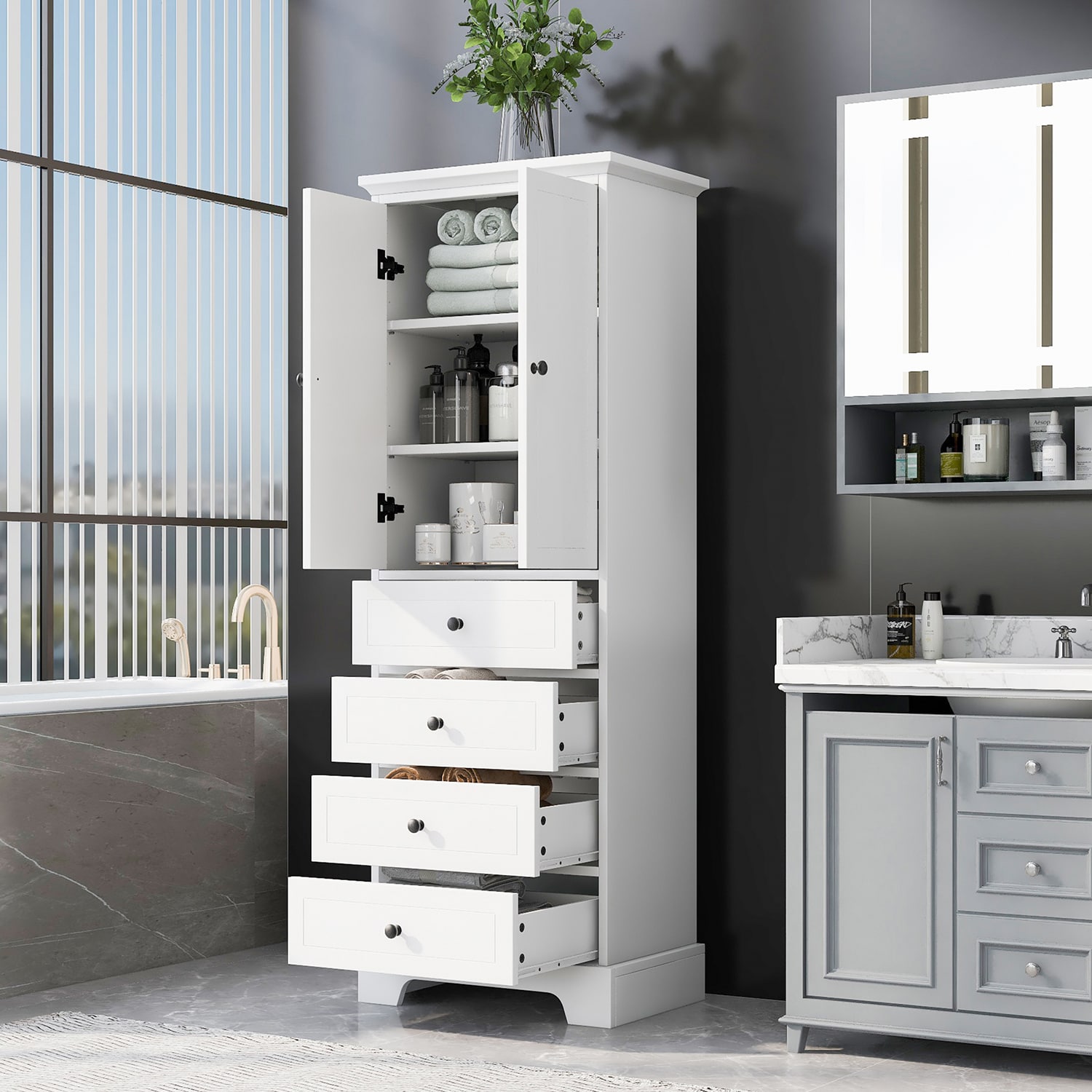 Tall Freestanding Bathroom Storage Cabinet With Drawers And Acrylic Doors,  Green - ModernLuxe