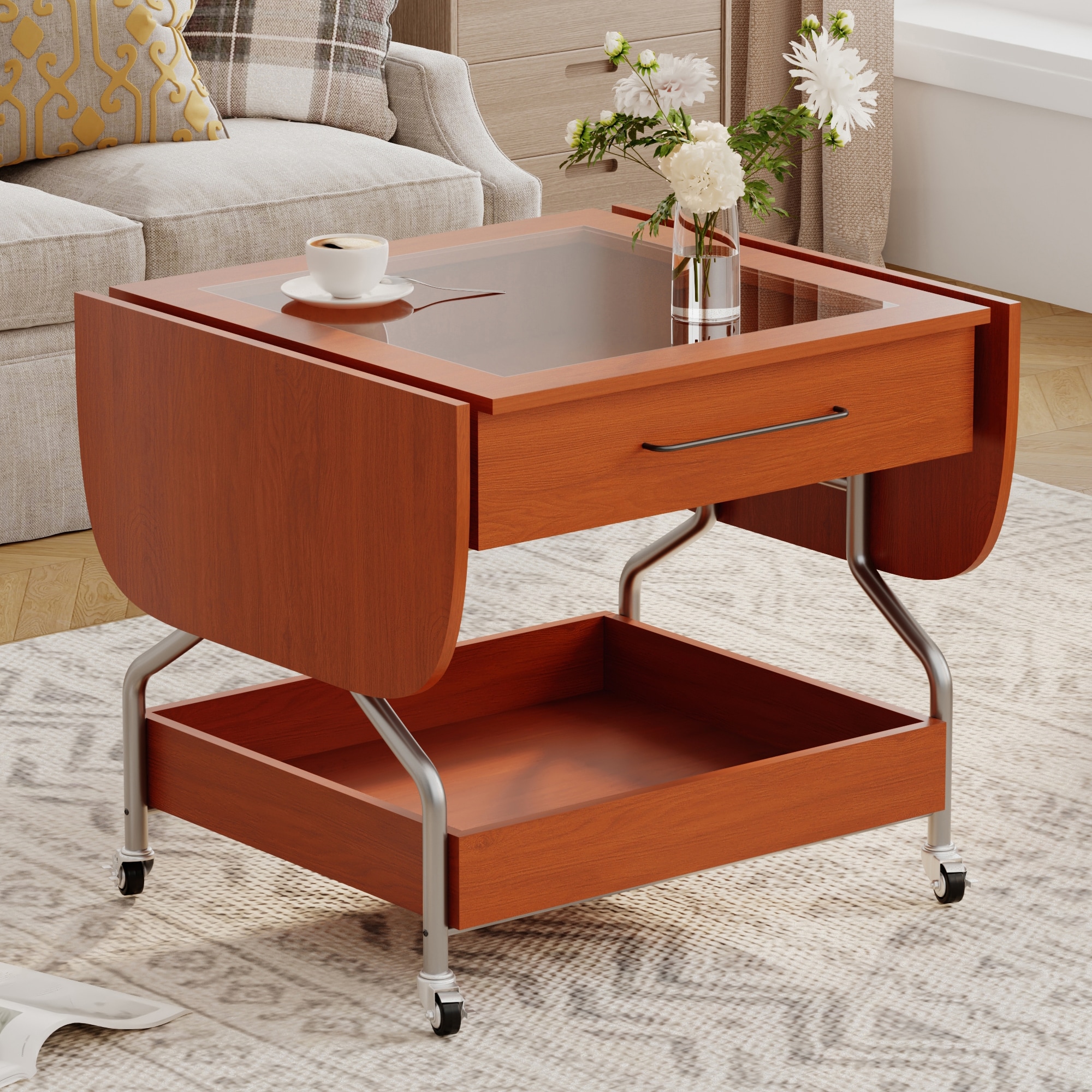ModernLuxe L3P-N735P231426N Modern Extended Coffee Table with Wheels Folding Coffee Table with 1 drawer and 2Tier Storage Metal Frame Coffee Table for Living Room