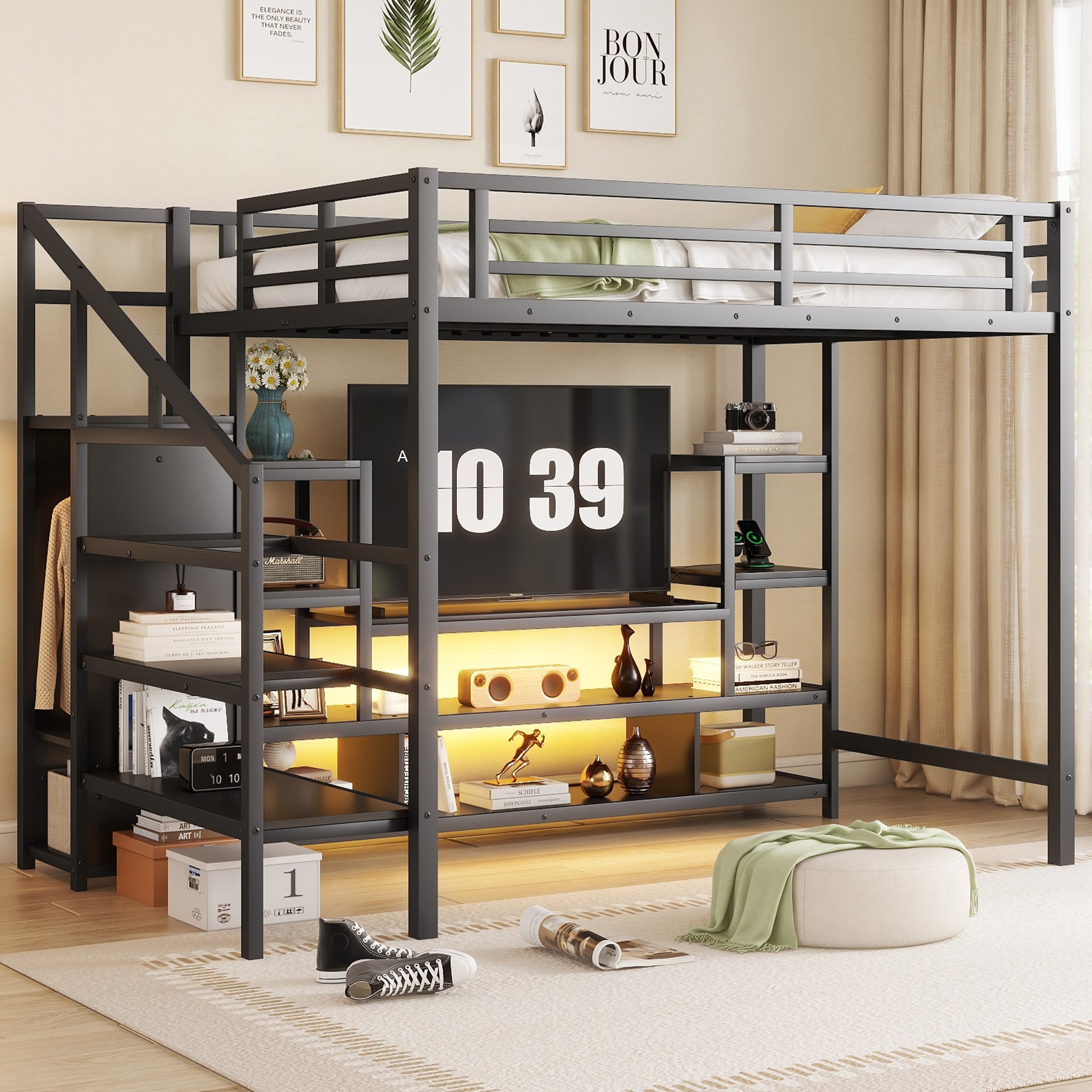 LOVMOR SF-R-W2593S00012 Full Size Metal Loft Bed with TV Stand Metal Loft Bed with Staircase and Wardrobe Kids Full Size Loft Bed Black (Expect Arrival Date 2025/3/22)