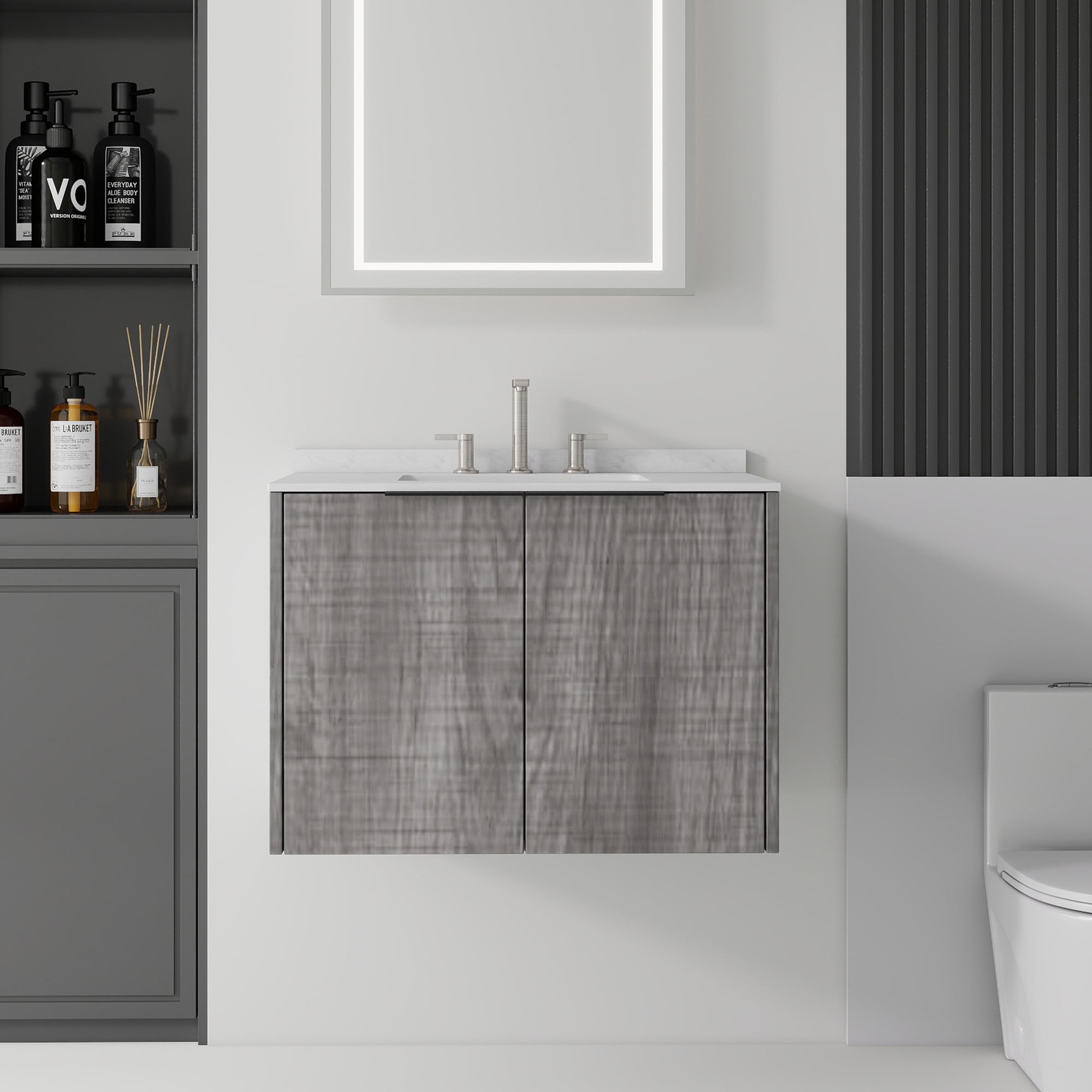 Vynxaria - 30-in Gray Wall-Mount Edge-Pull Slab 2-Door Single-Sink Bathroom Vanity with 0.6-in Ca...