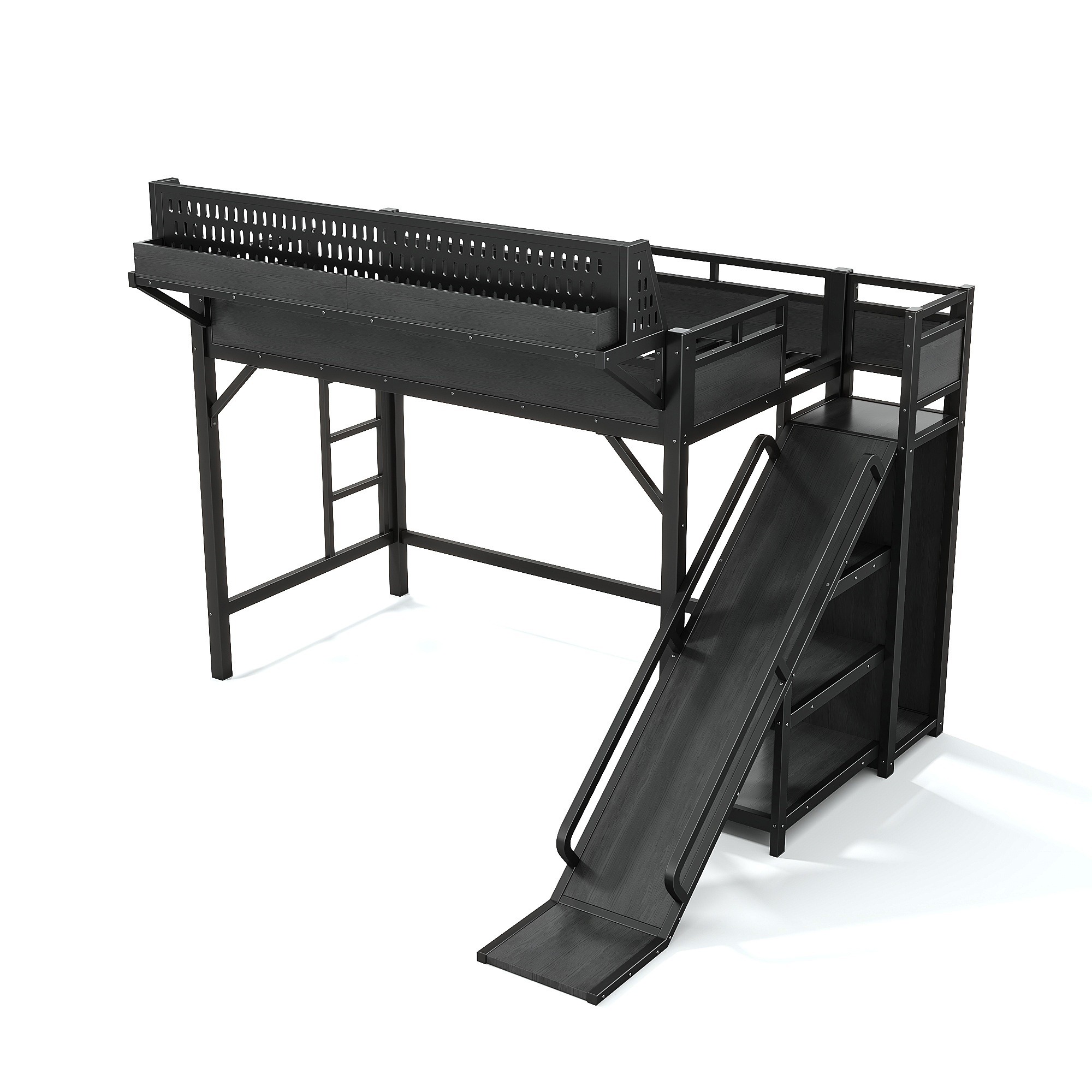 UOI Twin XL Black Metal Loft Bed with Slide Storage Shelves and Built-in Wardrobe with USB Ports and LED Lights
