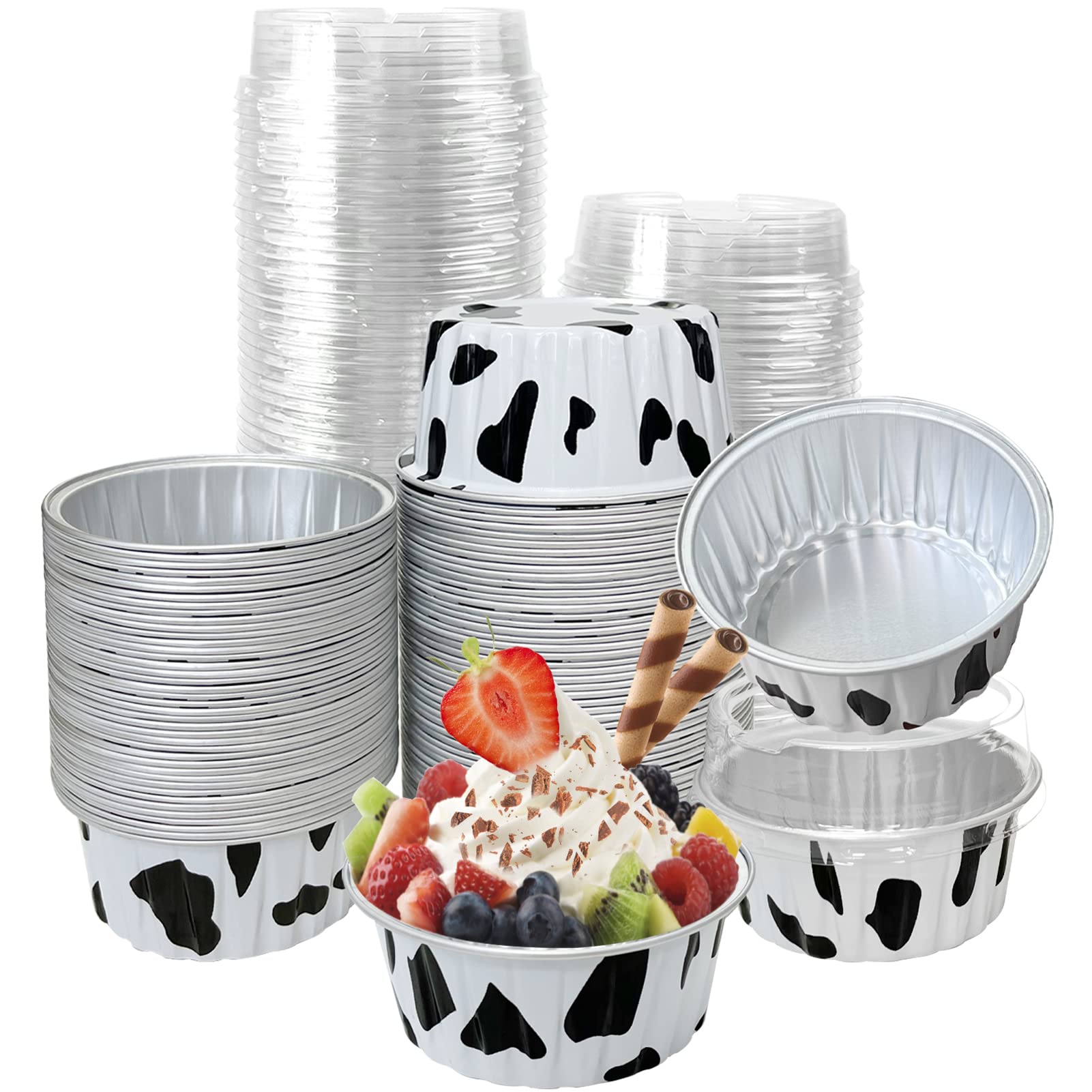 DHMHD  100Pcs Aluminum Cups with Lids 5oz Disposable Ramekin Baking Cups Muffin Liners Mini Pie Pans Foil Cupcake Containers for Christmas Party Wedding Party