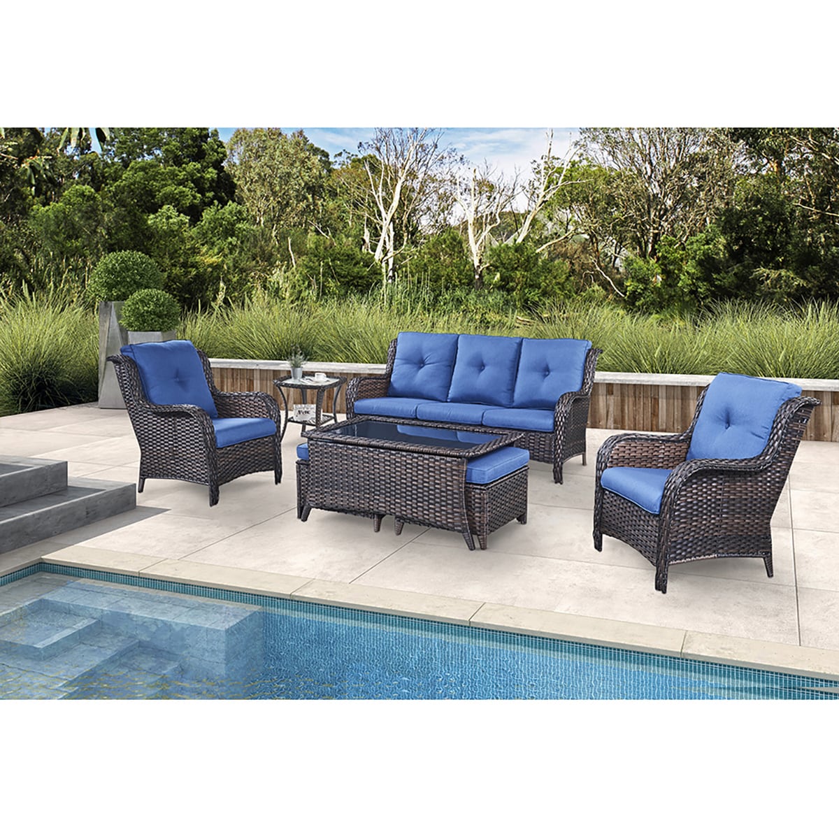 Rilyson FS006013014018025-1 7 -Piece Wicker Patio Sofa Conversation Set with Blue Cushions
