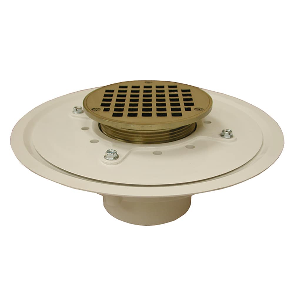 Jones Stephens D50061 3-in Heavy Duty PVC Floor Drain Base with 3-1/2-in Metal Spud, 10-in Pan and 5-in Nickel Bronze Round Strainer
