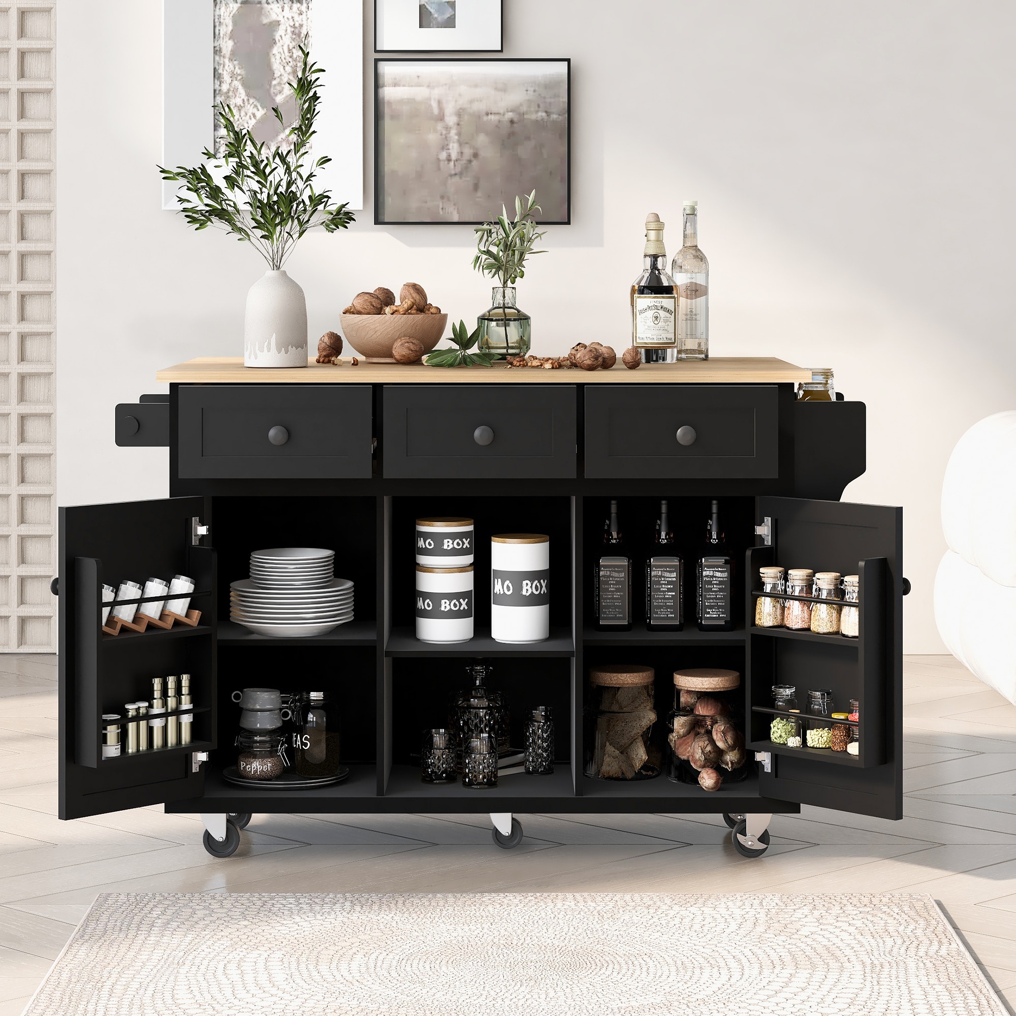 Runesay - Black MDF Base with MDF Wood Top Rolling Kitchen Island ( 29.5-in x 53.1-in x 37.2-in )