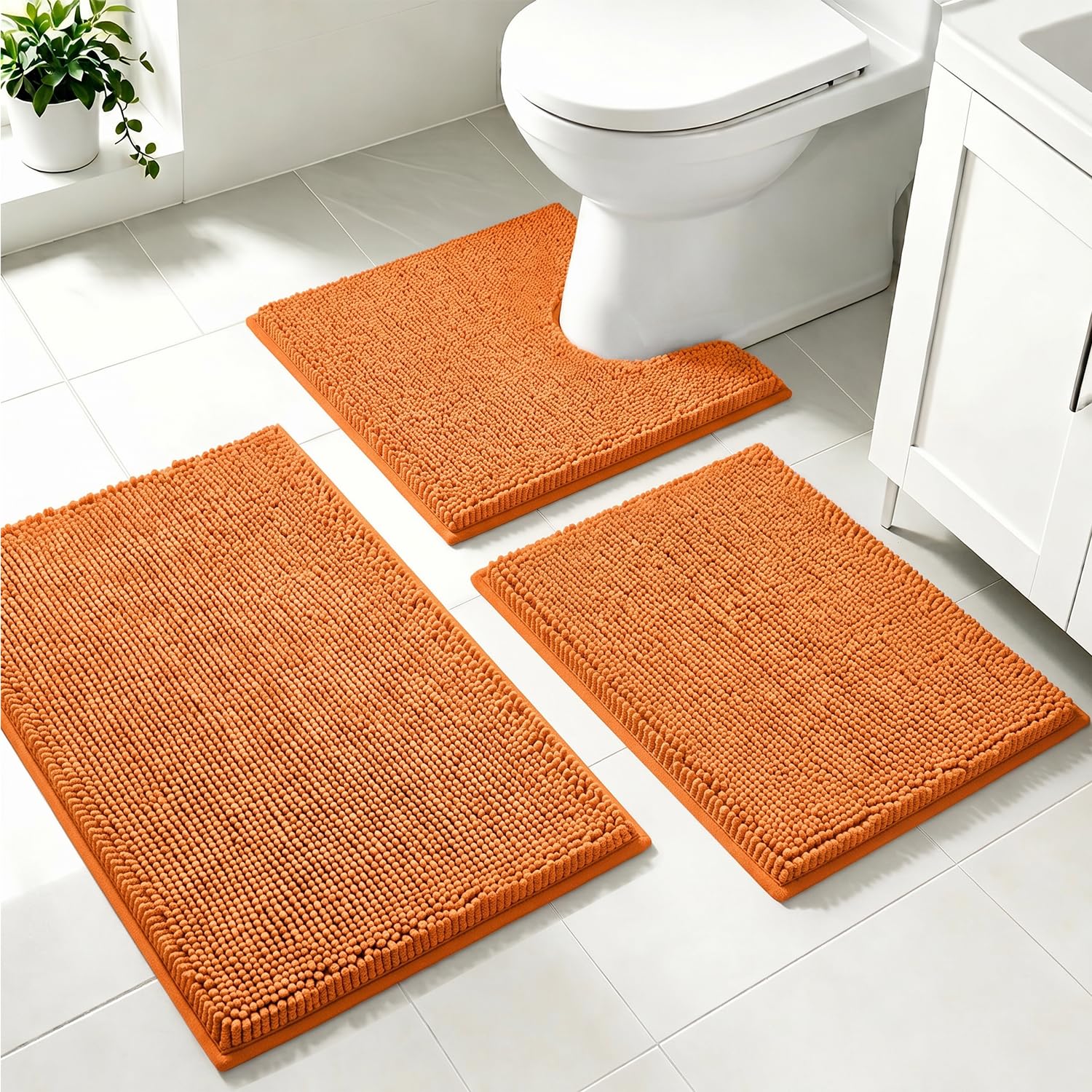PUPWE 3 Piece Non Slip Absorbent Chenille Bathroom Rug Set Ultra Thick Machine Washable