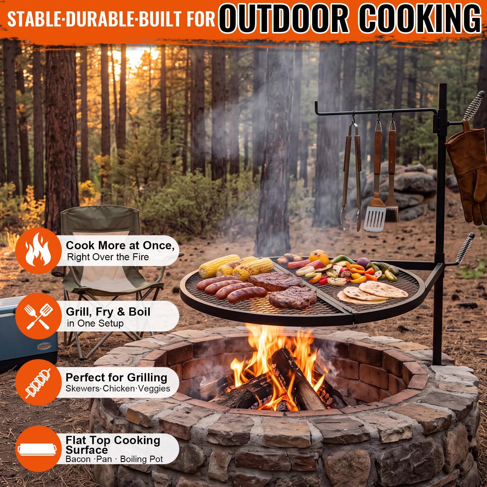 ITOPFOX 24 Inch Foldable Fire Pit Campfire Grill Grate with Adjustable ...