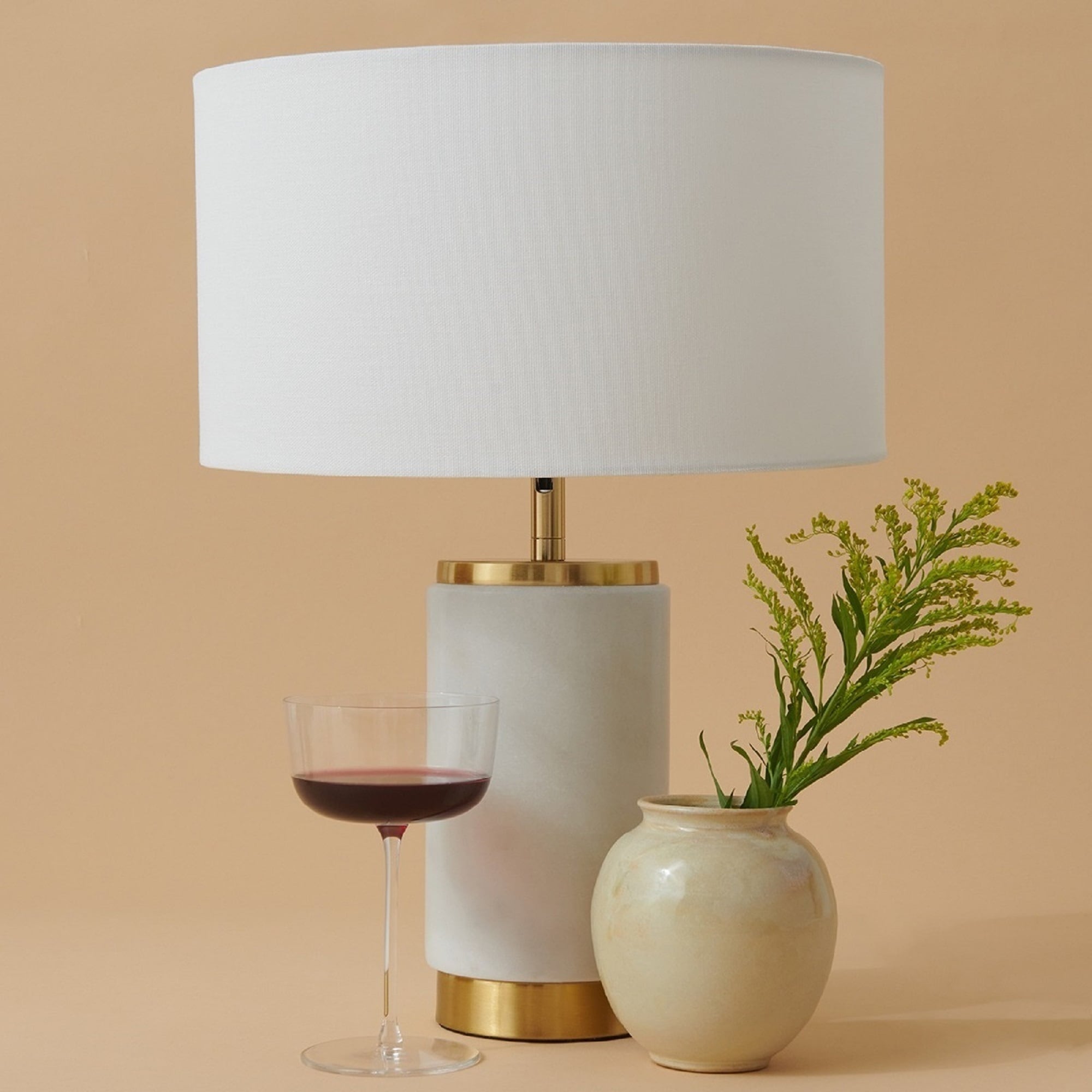 White Marble LED Table Lamp with USB Port and Brass Accents