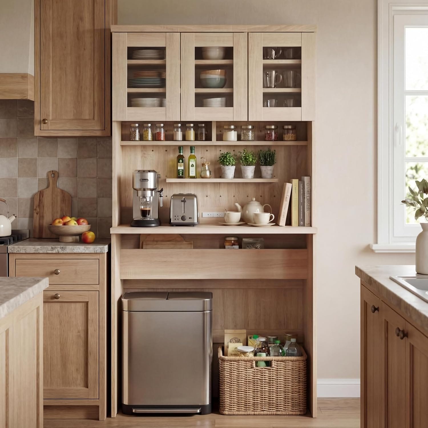 IdealHouse 71 in Freestanding Kitchen Pantry Cabinet with Trash Can Storage  Natural Hutch with Microwave Stand Drawer and Adjustable Shelves  Coffee Bar Cabinet