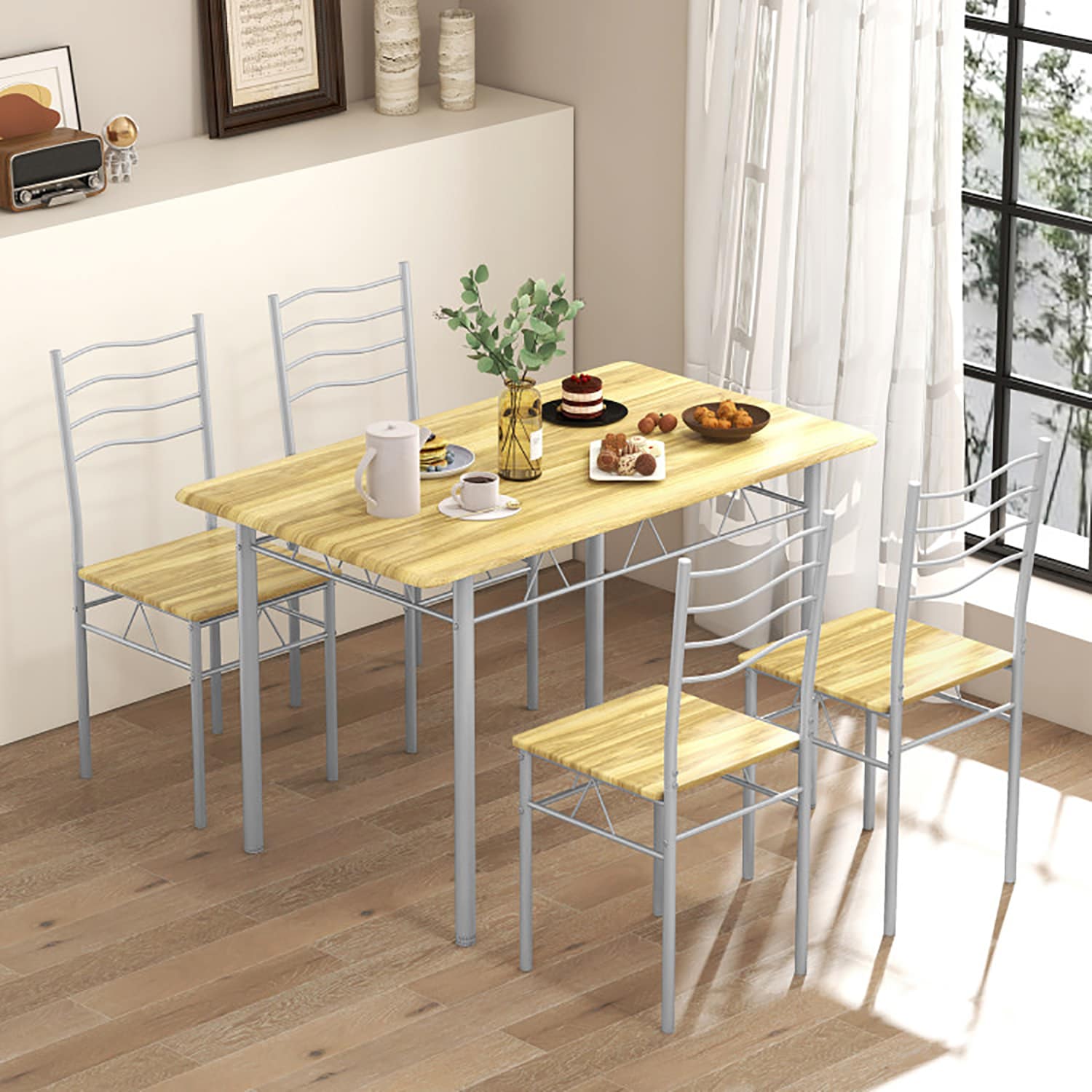 Walnut and Silver Metal 5-Piece Dining Set with MDF Chairs
