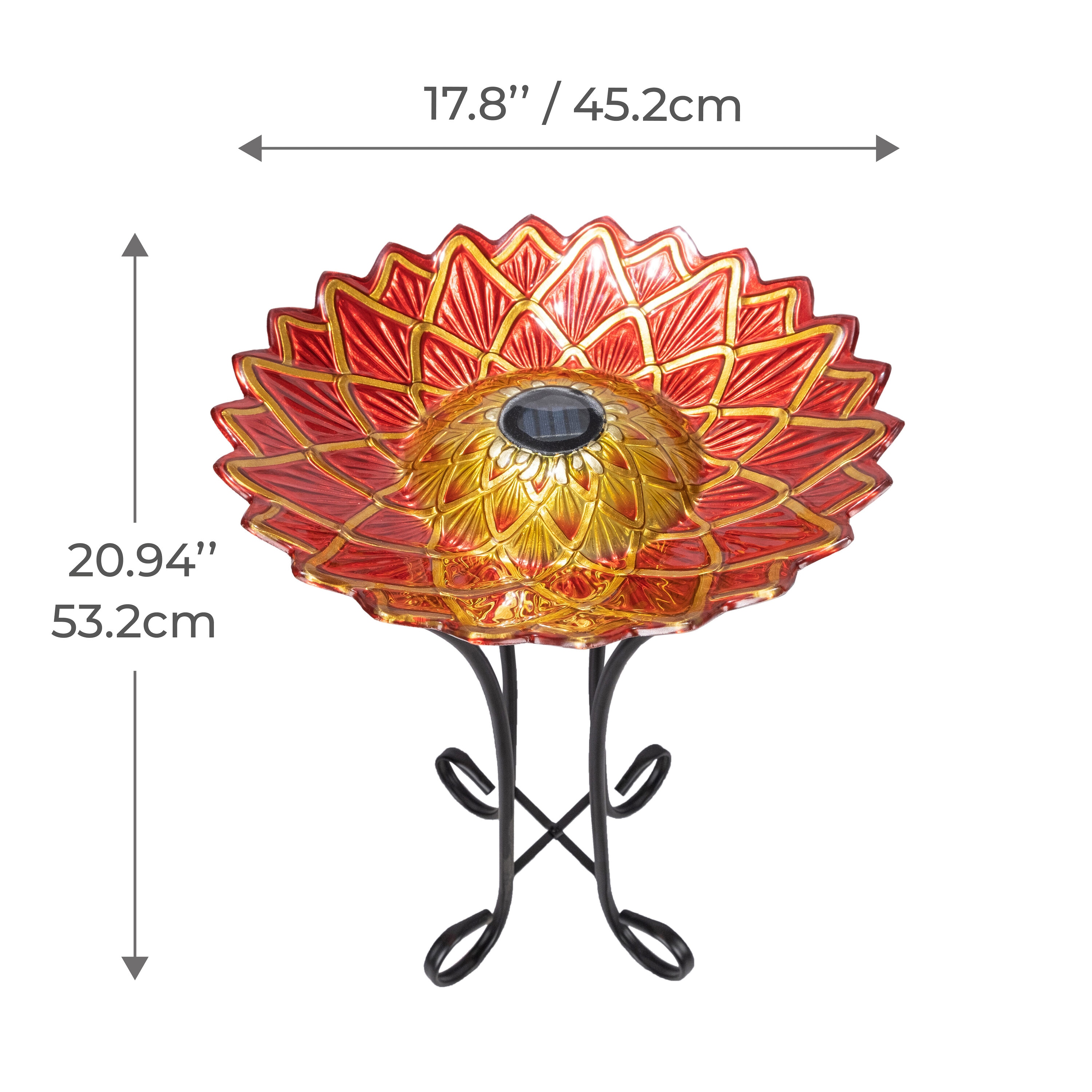 Red and Gold Glass Birdbath with Solar Light and Metal Stand