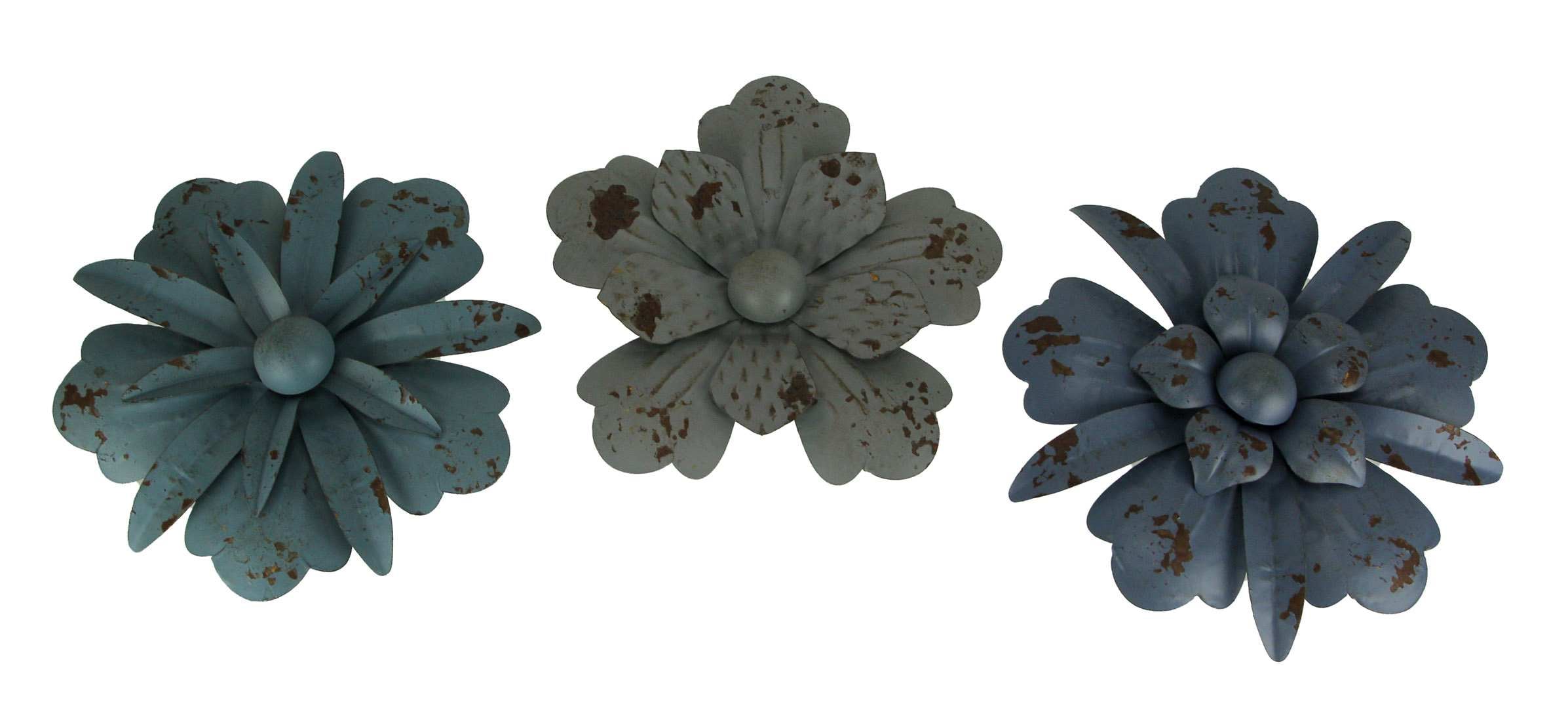 Zeckos ZKO-39237 Set of 3 Vintage Blue-Grey Metal Flower Wall Hanging Art Sculptures- 11.5 Inches in Diameter – Blooming Elegance - Nature-Inspired Decor for Modern Homes