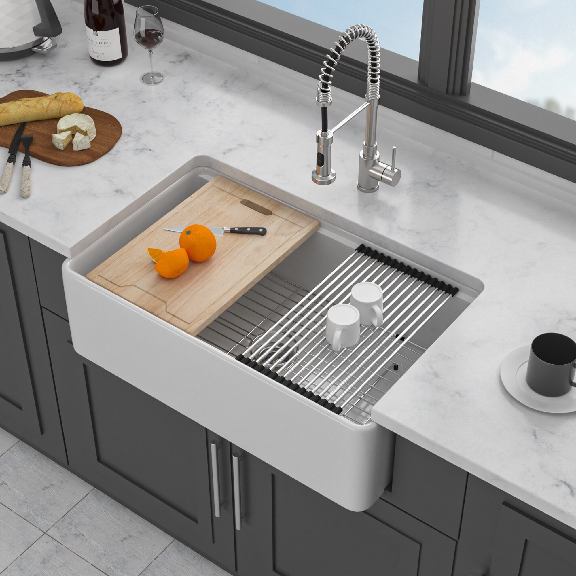 Vorene 33x20x10 inch white porcelain farmhouse workstation kitchen sink features durable single bowl reversible design high quality ceramic build combining rustic farmhouse style with practical daily kitchen functionality