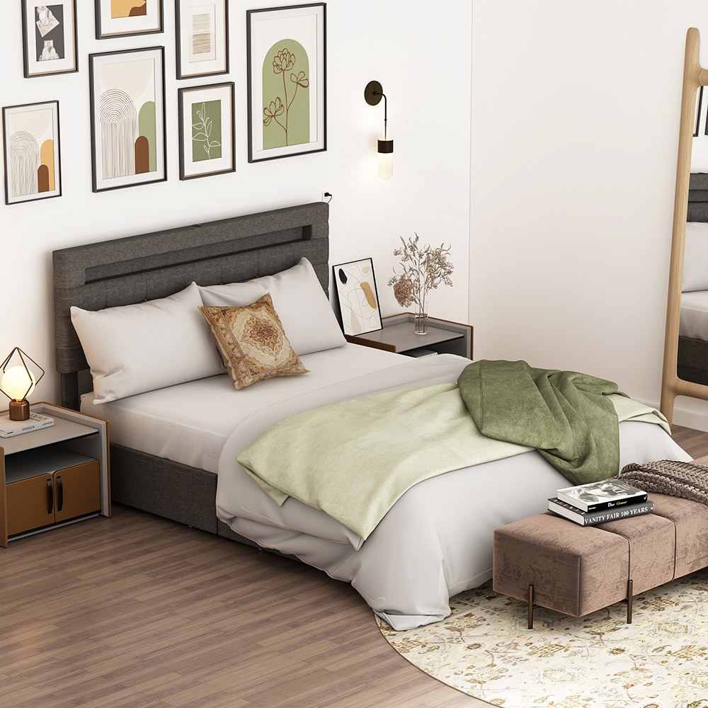 Homsee C-KF330052-01 Gray Wood Frame Queen Size Bed with 4 Drawers Color Changing LED Lights Bluetooth and Adjustable Headboard