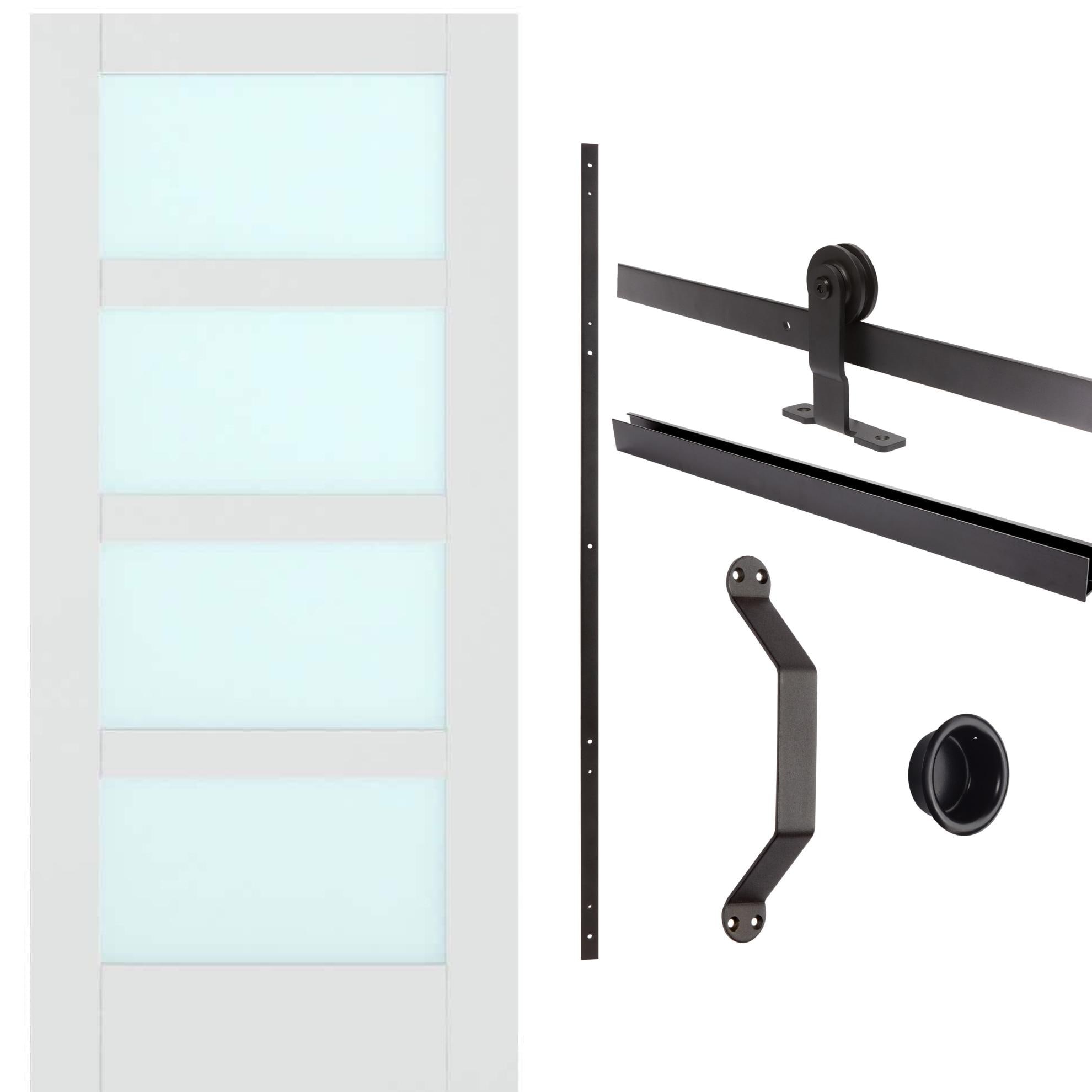 JELD-WEN  MODA 36-in x 80-in Primed 4 Panel Square Frosted Glass Smooth Solid core Primed MDF Slab Door + Matte Black Indoor Top Mount Soft Close Single Barn Door Hardware Kit