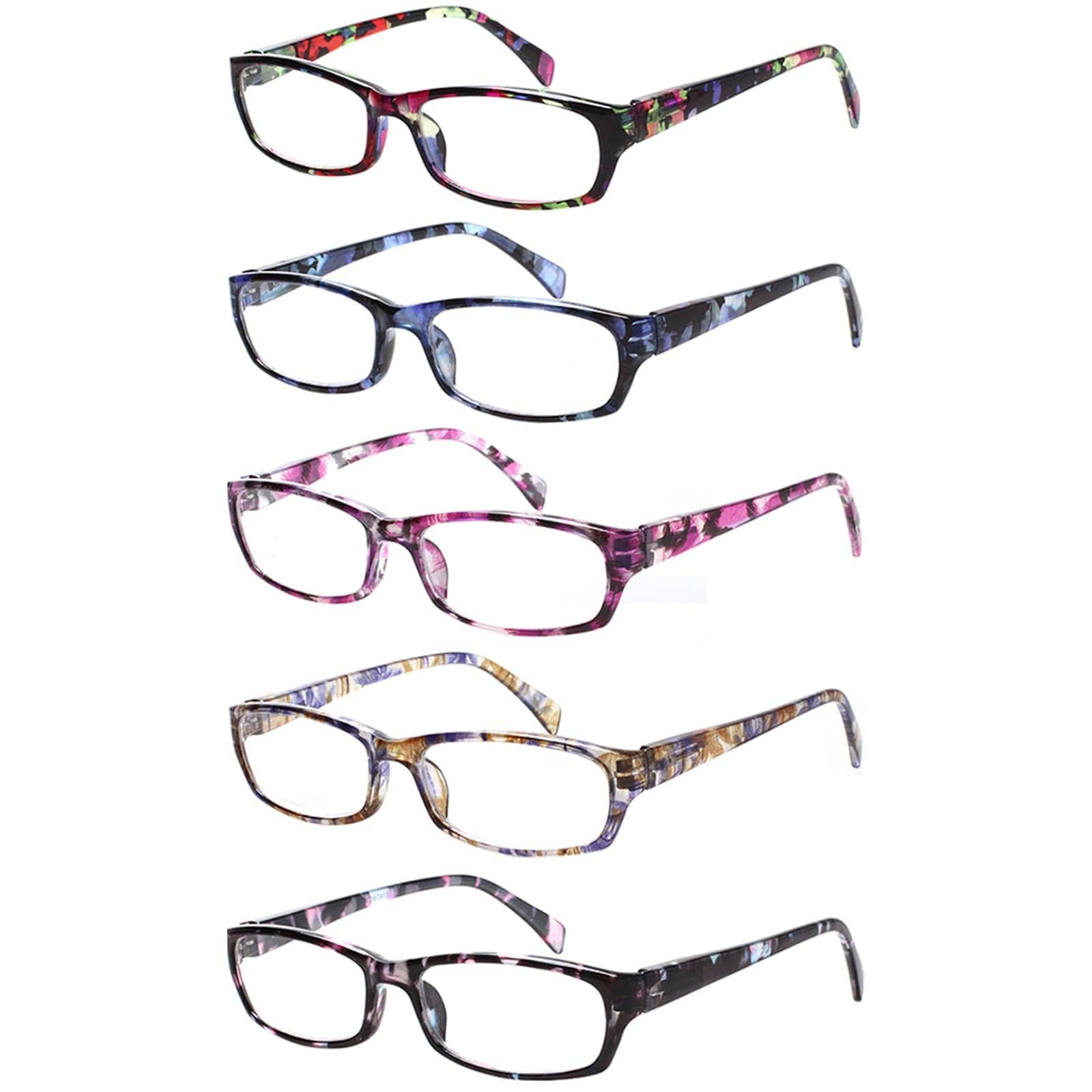 Oyezvary  Reading Glasses 5 Pairs Fashion Pattern Print Spring Hinge Eyeglasses for Women Mix Color 2 25 Lightweight Plastic Frames Universal Fit