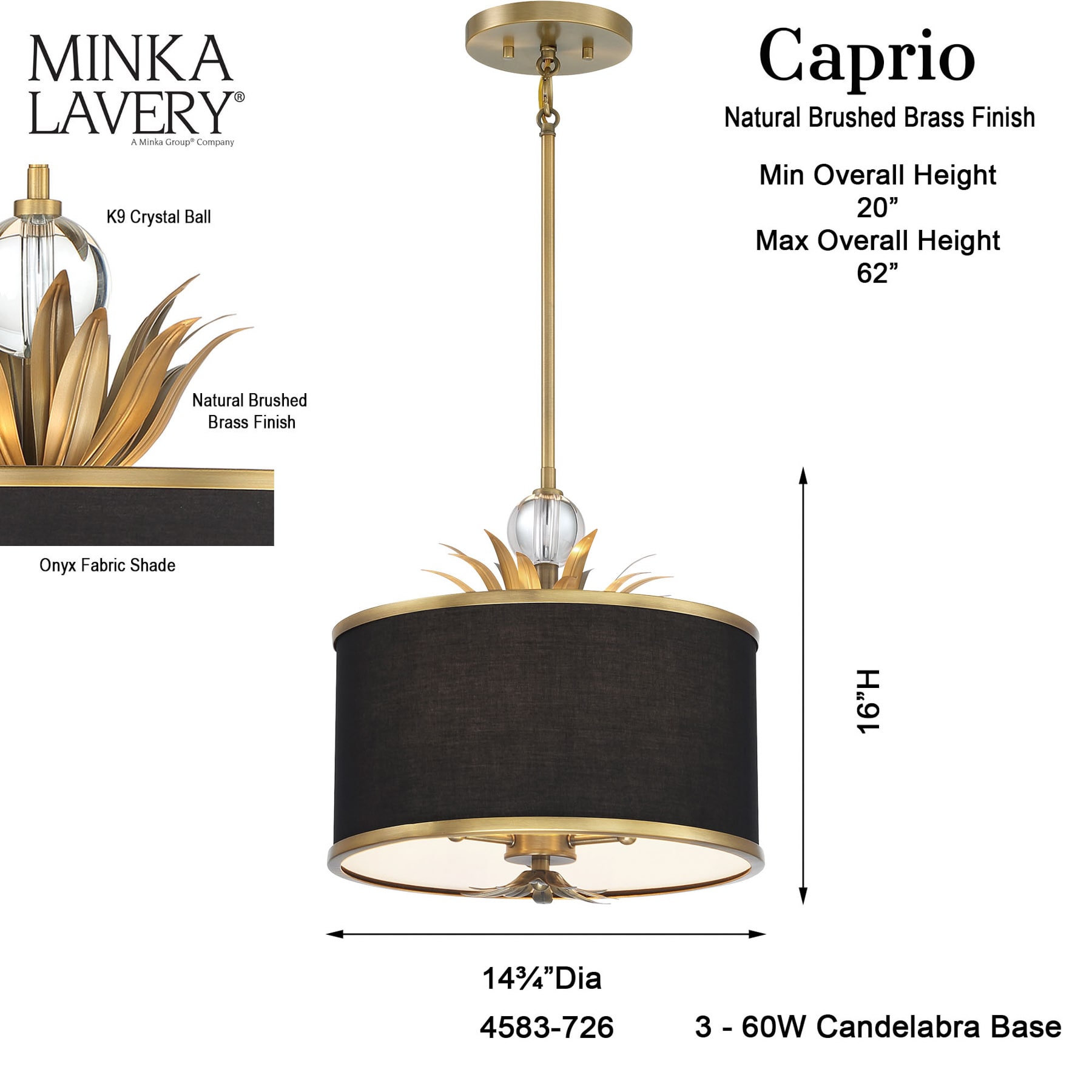 Natural Brushed Brass Pendant Light with Black Fabric Shade