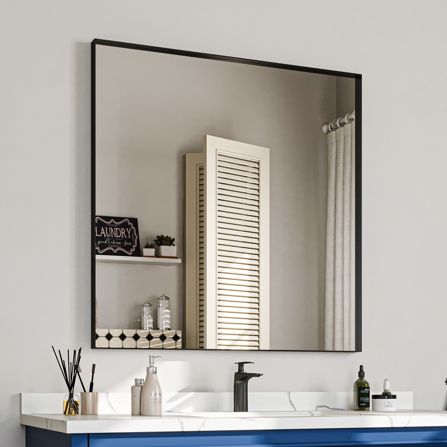 waterpar WPLO-2386 36-in x 36-in Framed Rectangle Bathroom Vanity Mirror ( Matte Black )