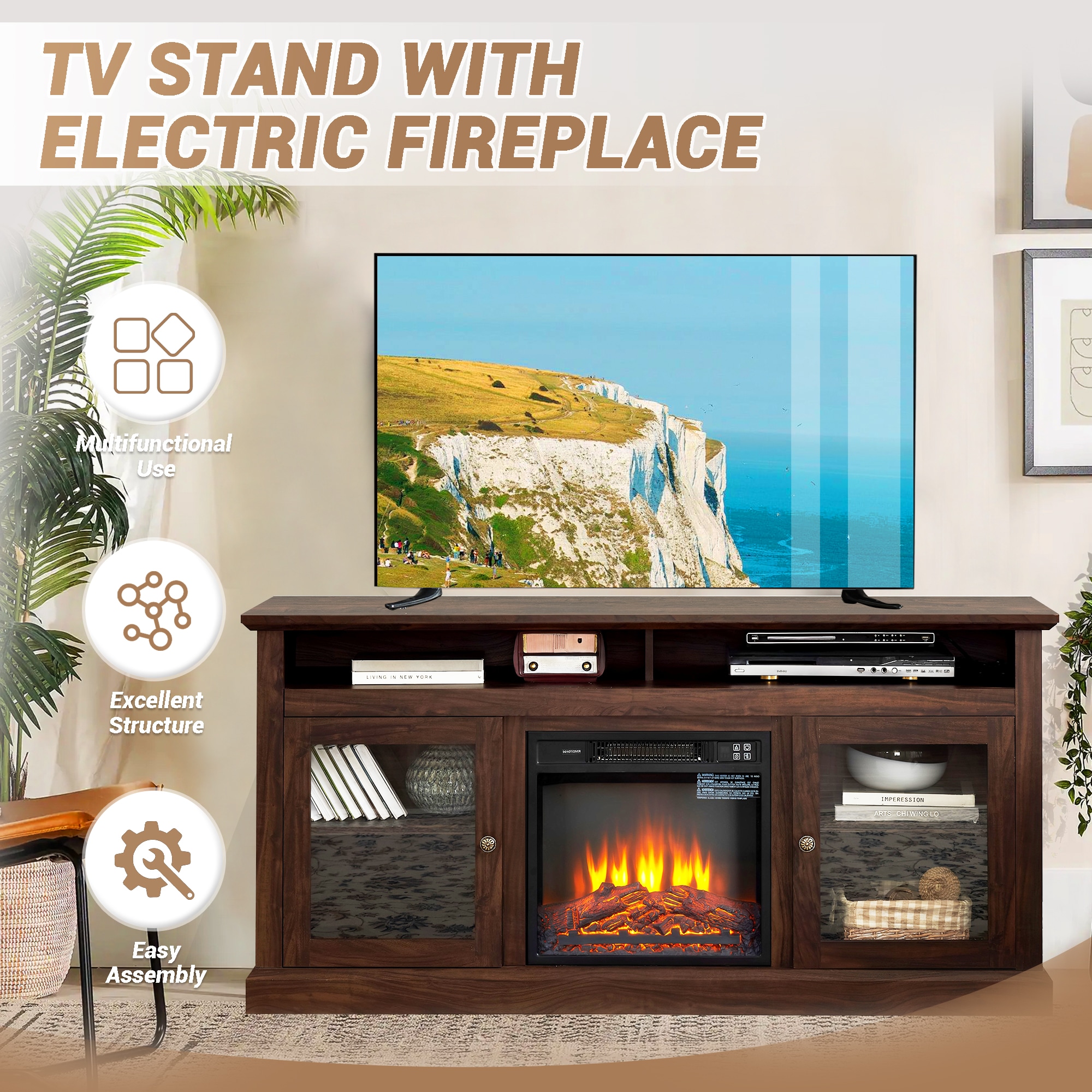 Fun Orange 60-in W Brown TV Stand with Fan-forced Electric Fireplace FUN10FP07 Sansujyuku sansujyuku.com