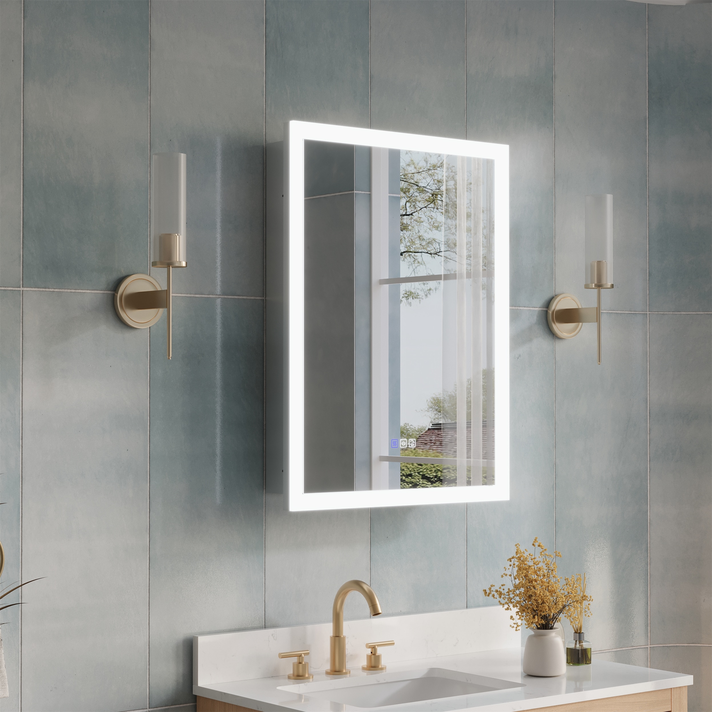 WELLFOR UCS-13C2432L 24-in x 32-in x 5.5-in Silver Soft Close Bathroom Wall Cabinet