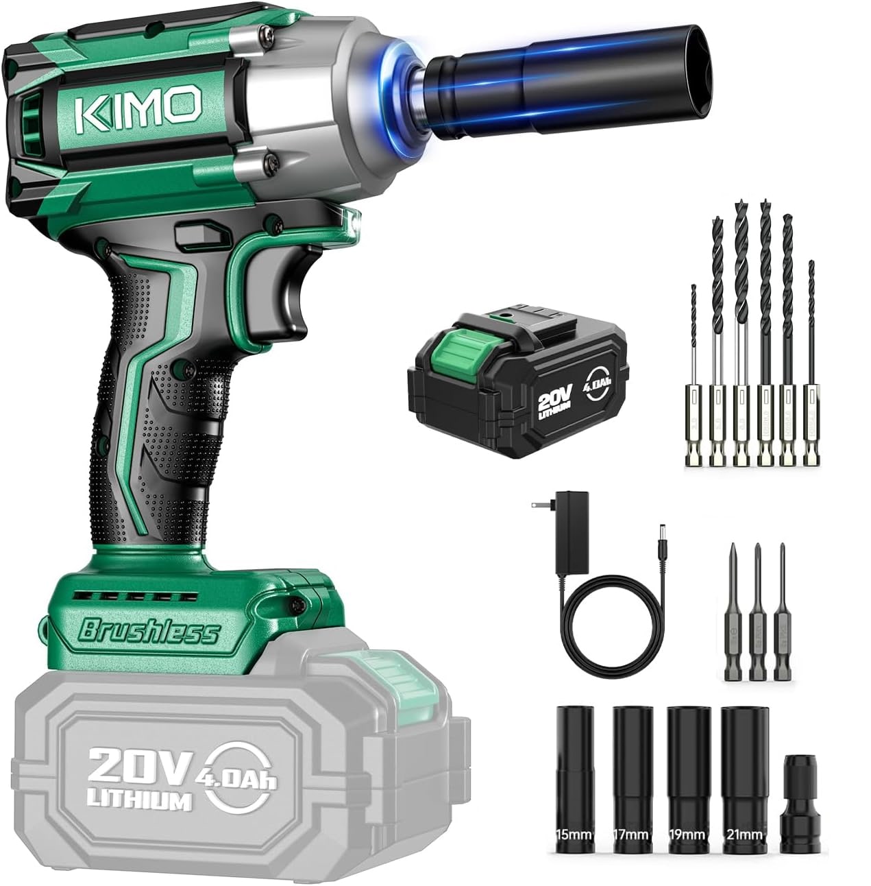 KIMO 20V Max 1/2-in High Torque Cordless Impact Wrench Kit 900 Ft-lbs 4000 RPM Includes 4.0Ah Lithium-Ion Battery 4 Sockets and 9-Piece Accessory Set #KIMO-3603-4AX1