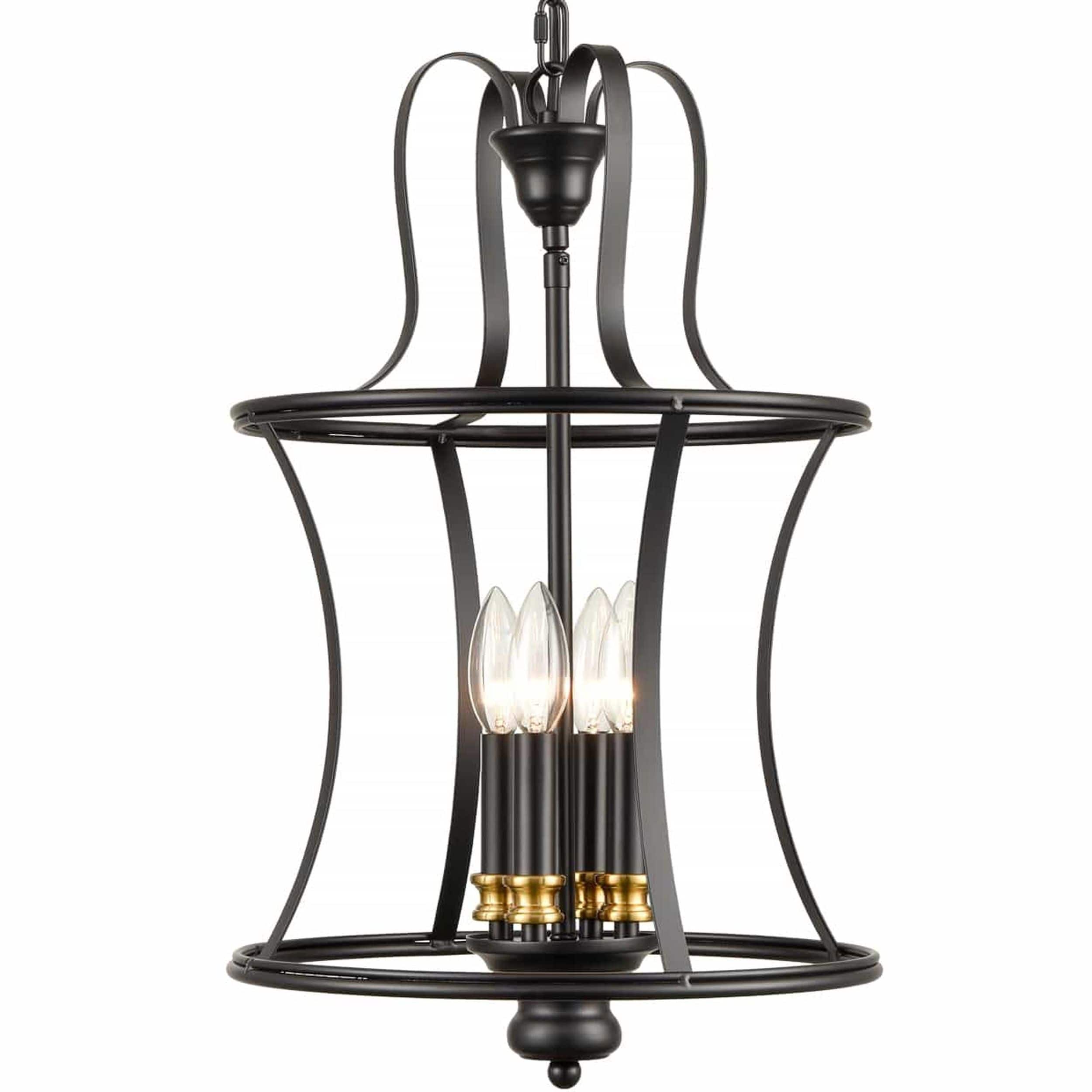 Polished Black Metal Lantern Cage Outdoor Pendant Light