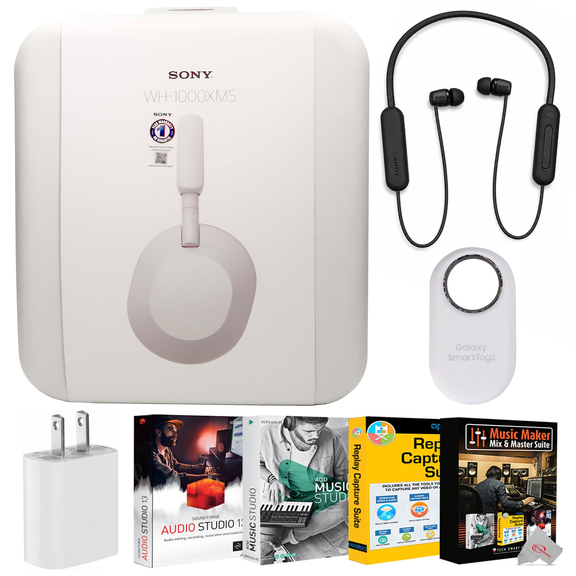 Sony  WH 1000XM5 Noise Canceling Wireless Over Ear Headphones Silver  WI C100 Wireless In Ear Headphones   Black USB C Plug Samsung SmartTag2 Bluetooth UWB Tracker   White