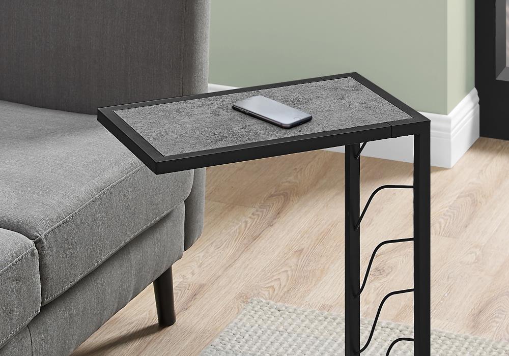 Elegant Contemporary C-Shaped Stone-Look Accent Table in Grey & Black