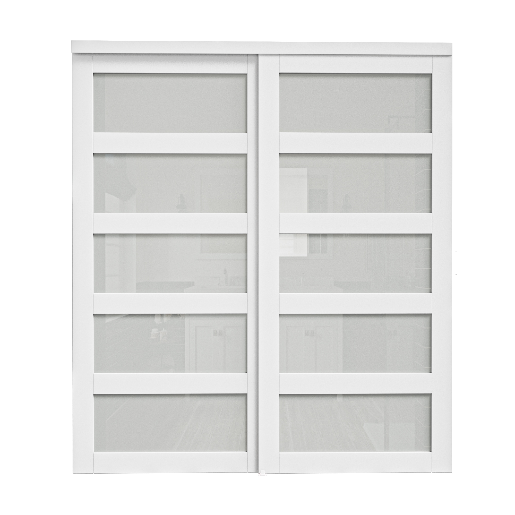 JUJUBON White 5-panel Frosted Glass Smooth Solid Core Prefinished MDF Sliding Closet Doors (Hardware Included)
