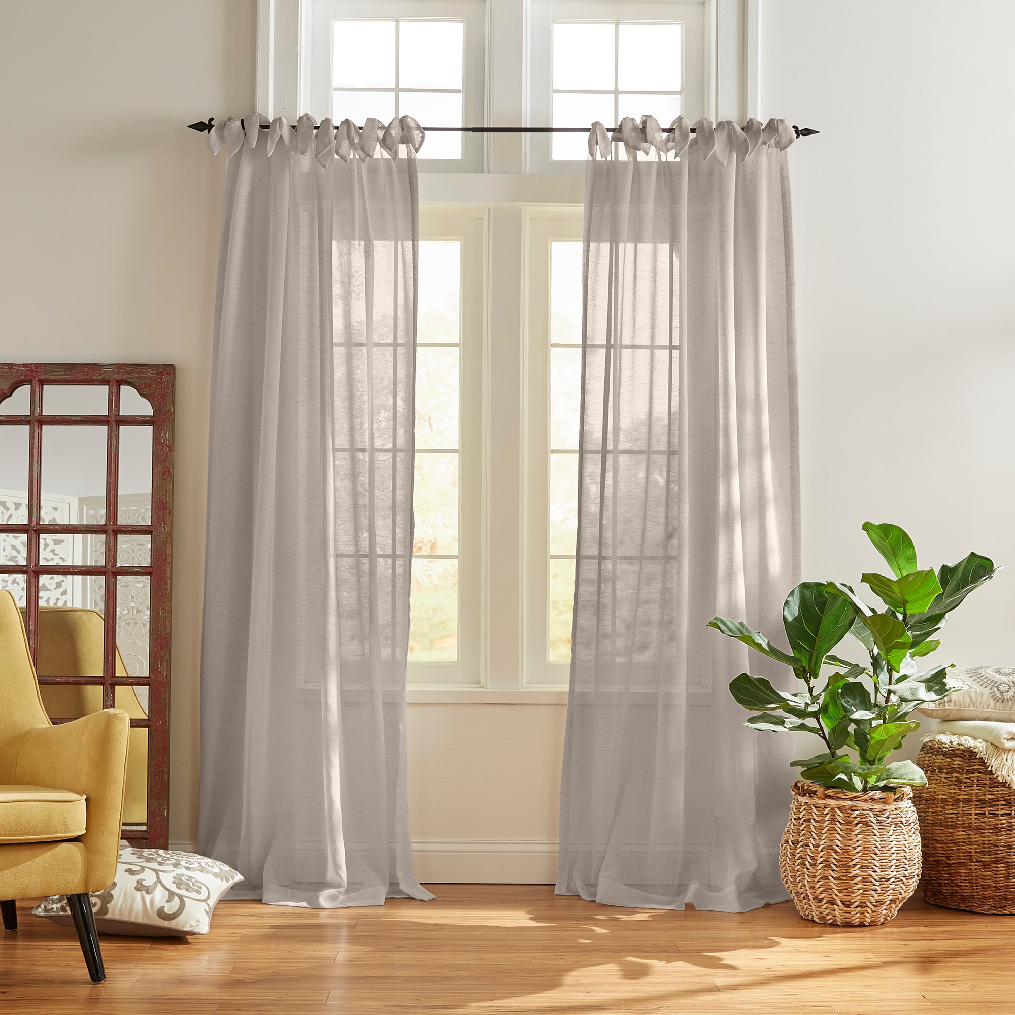 Elrene Home Fashions 739550333626 95-in Light Gray Sheer Tie top Single curtain panel