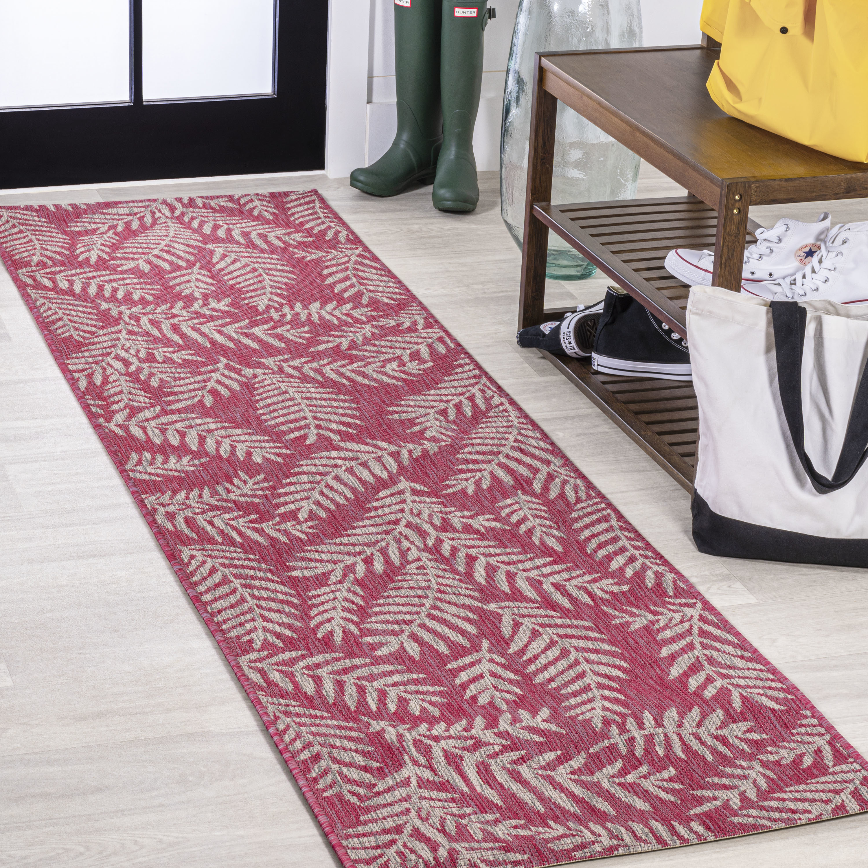 Fuchsia and Light Gray Palm Frond Synthetic Runner Rug, 2'-2" x 8'