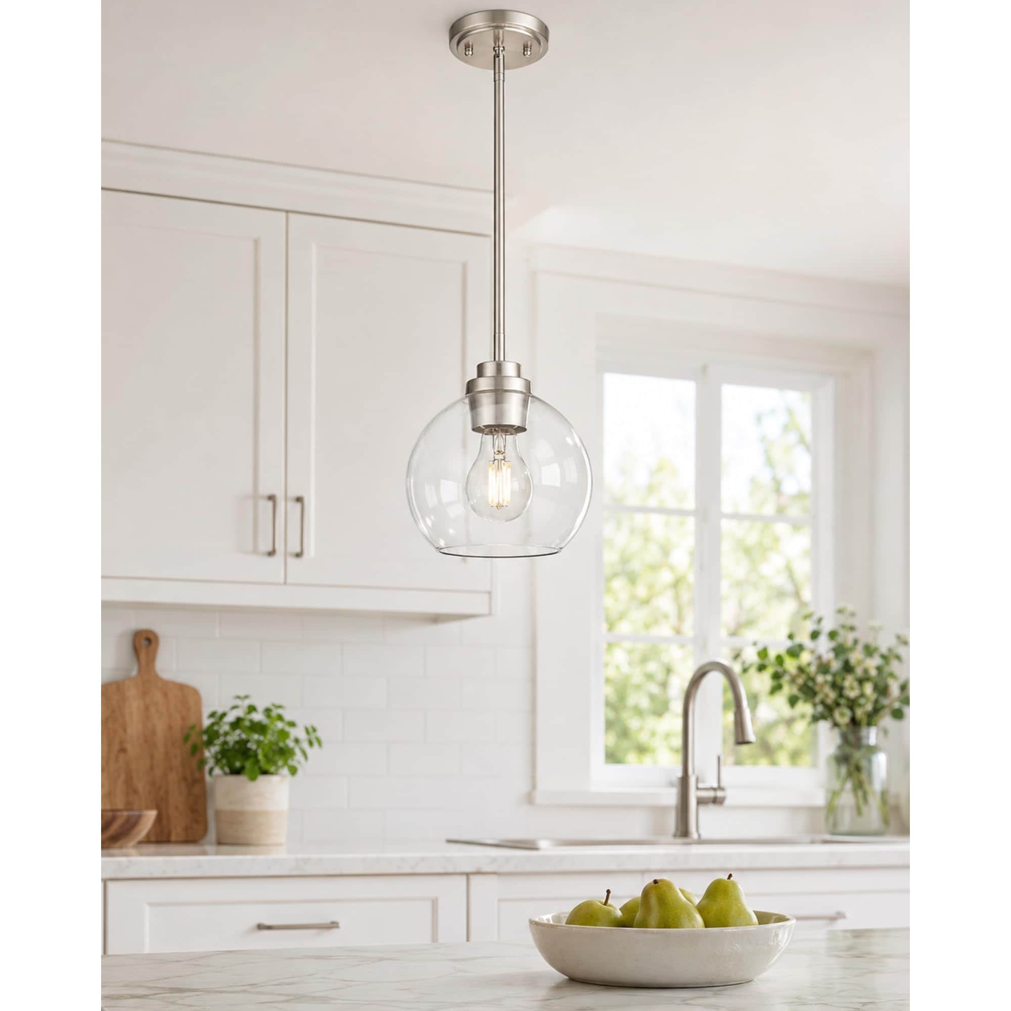 Vrbgify  Modern Brushed Nickel Pendant Light Fixture with Clear Glass Globe Shade Adjustable Height for Kitchen Island Bedroom Living Room