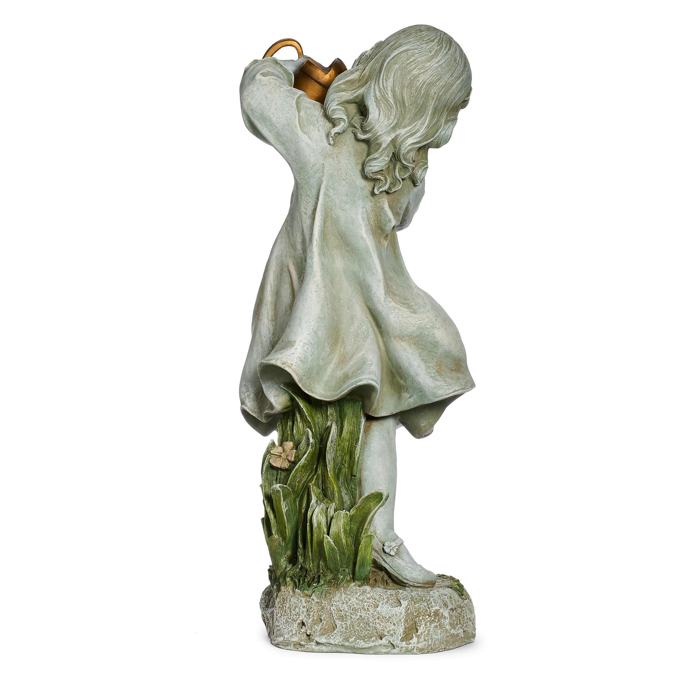 Gray Resin Girl with Bronze Watering Can Garden Statue