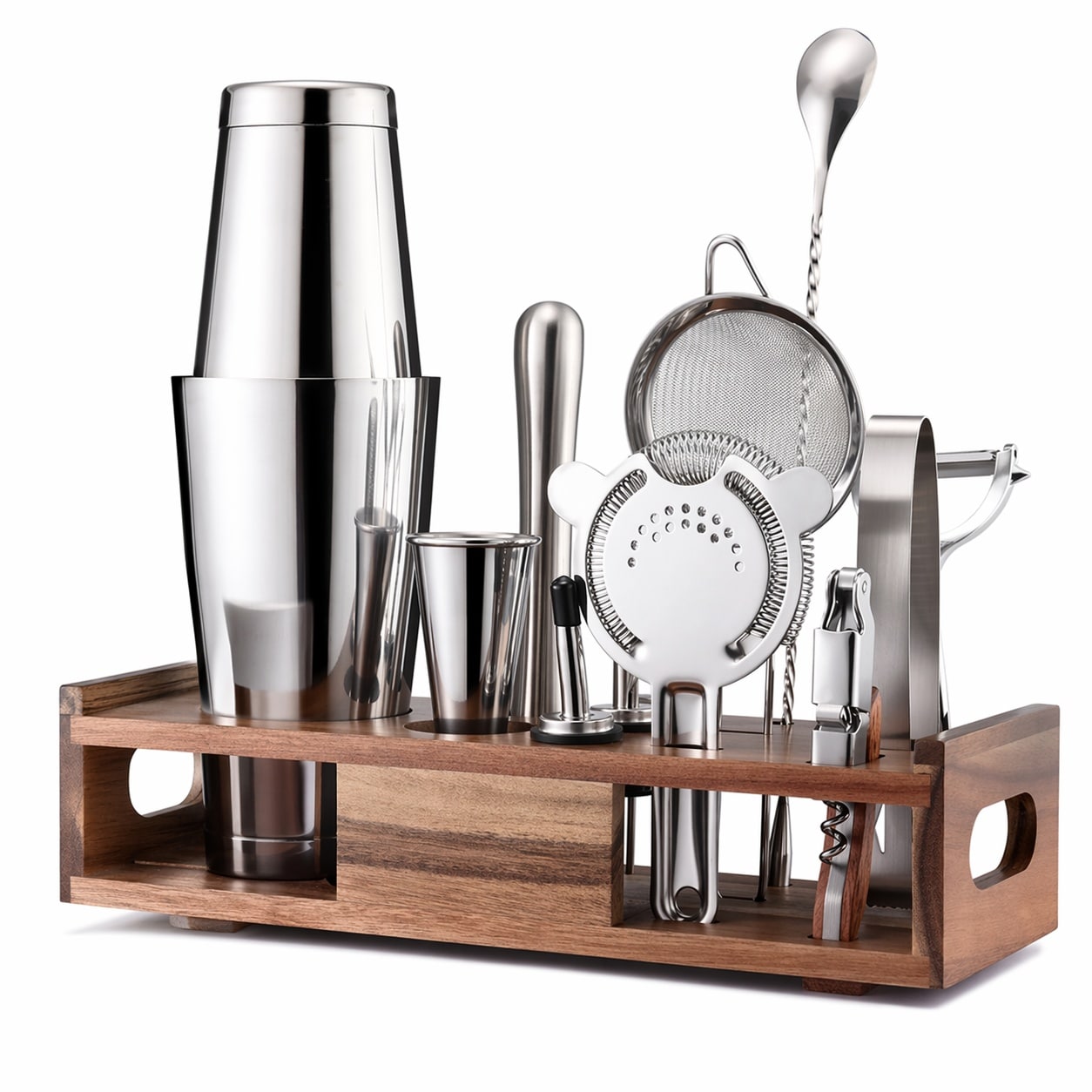 Aoibox  15 Piece Stainless Steel Cocktail Shaker Bartender Kit with Wooden Stand Boston Shaker Mixing Tools Set